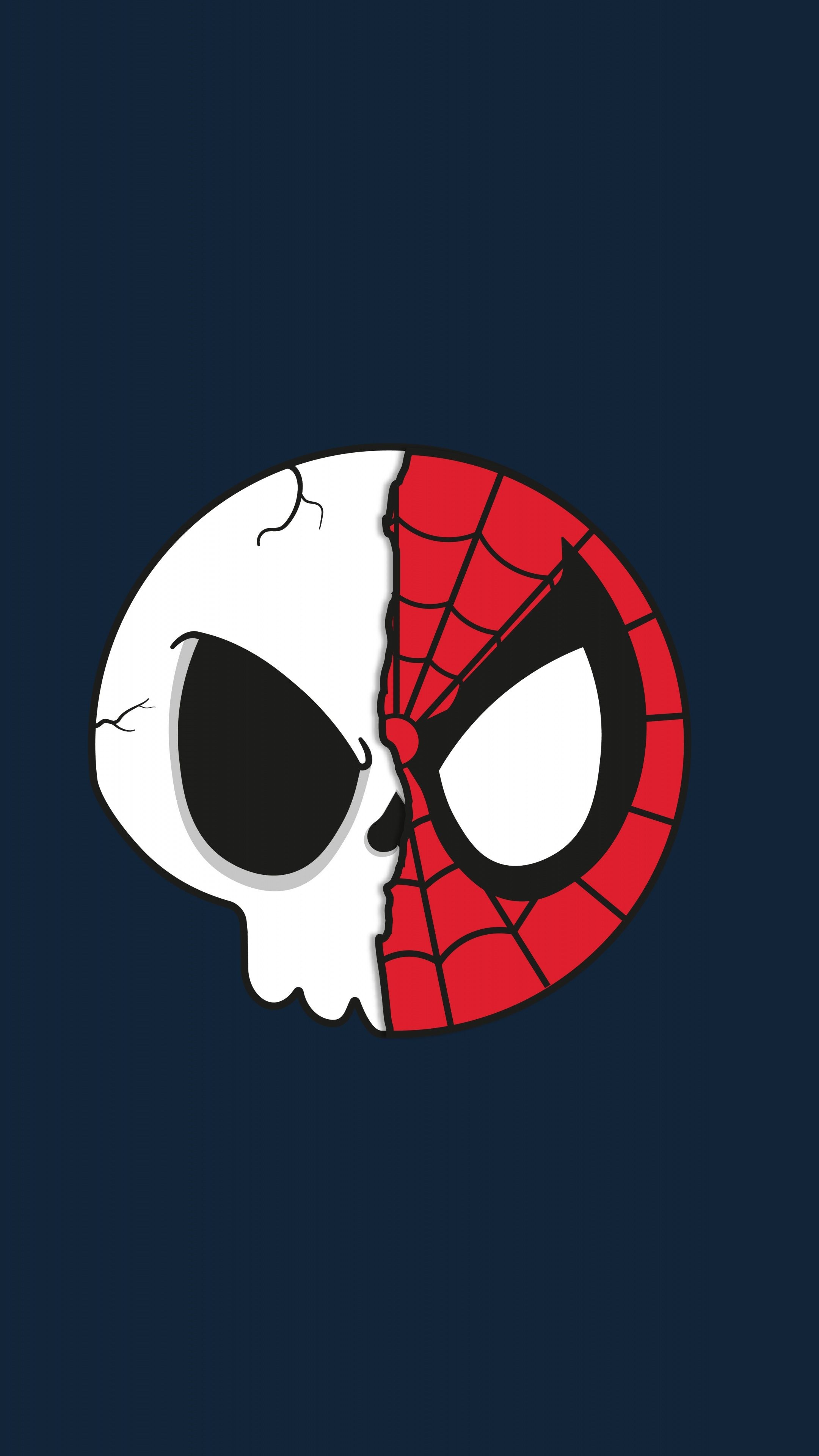 Spider-Man mask, cracked human skull, minimalist split emblem, 4K Phone wallpaper