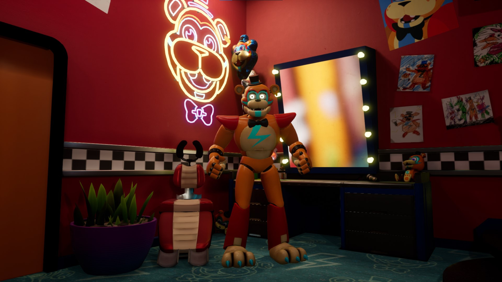 Glamrock Freddy, Freddy Fazbear green room, Freddy Fazbear neon sign, Full HD Desktop wallpaper