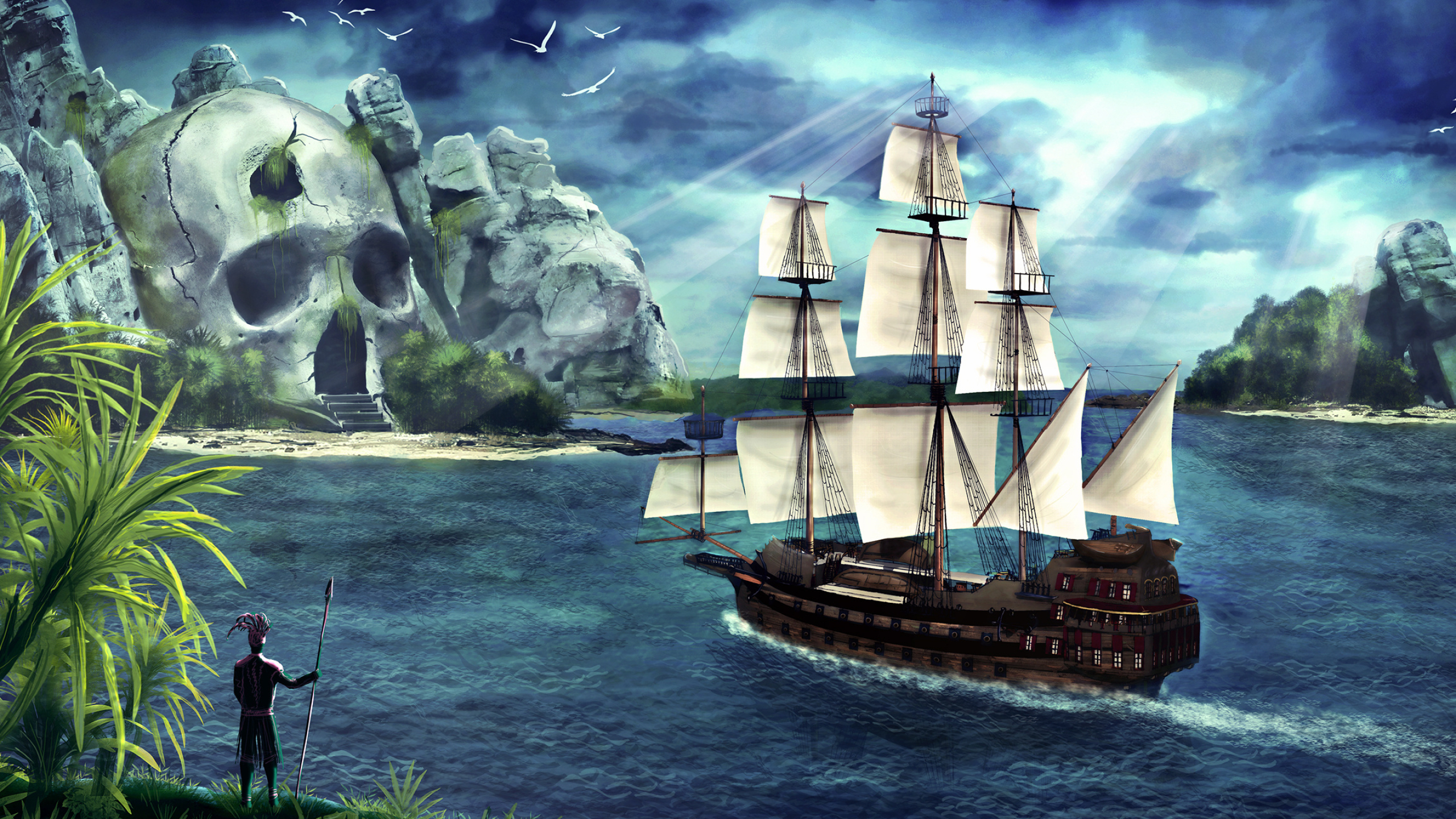 Galleon pirate ship, Skull Rock sea cave, Spearman on tropical shore, HD Desktop wallpaper
