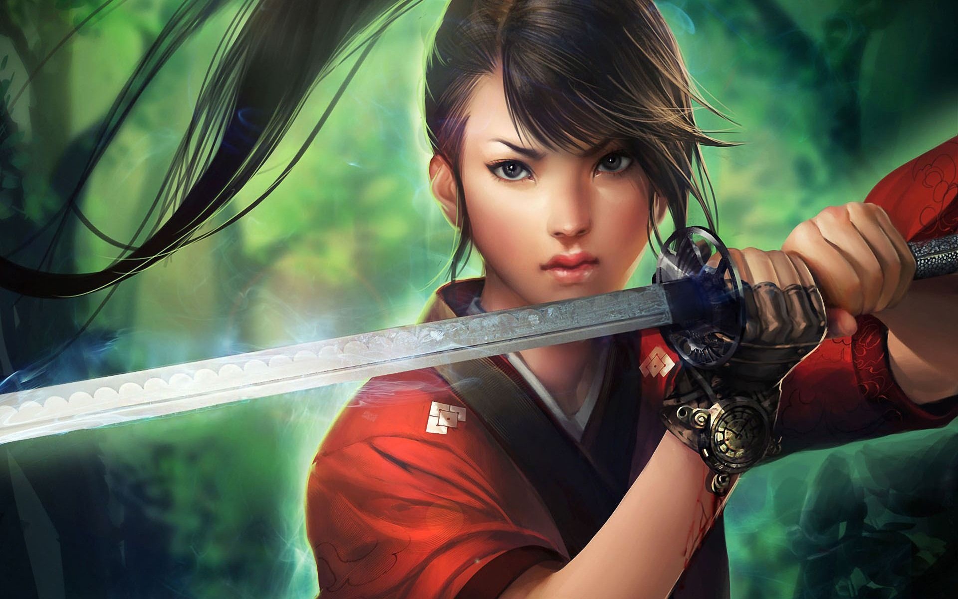 Female samurai warrior, Unsheathed katana blade, Lush forest background, HD Desktop wallpaper