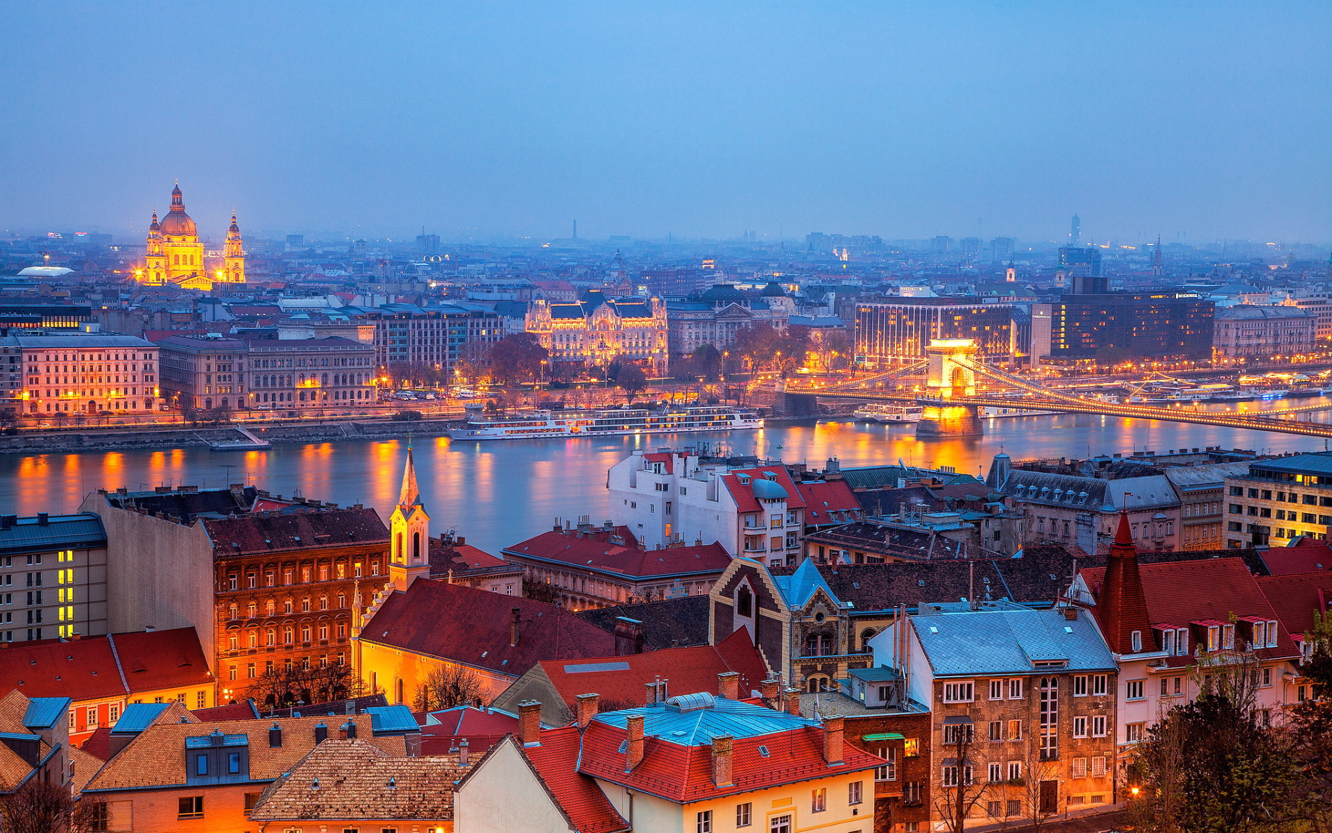 Budapest evening Hungary, Nighttime charm, Illuminated city, Danube River view, 1920x1200 HD Desktop