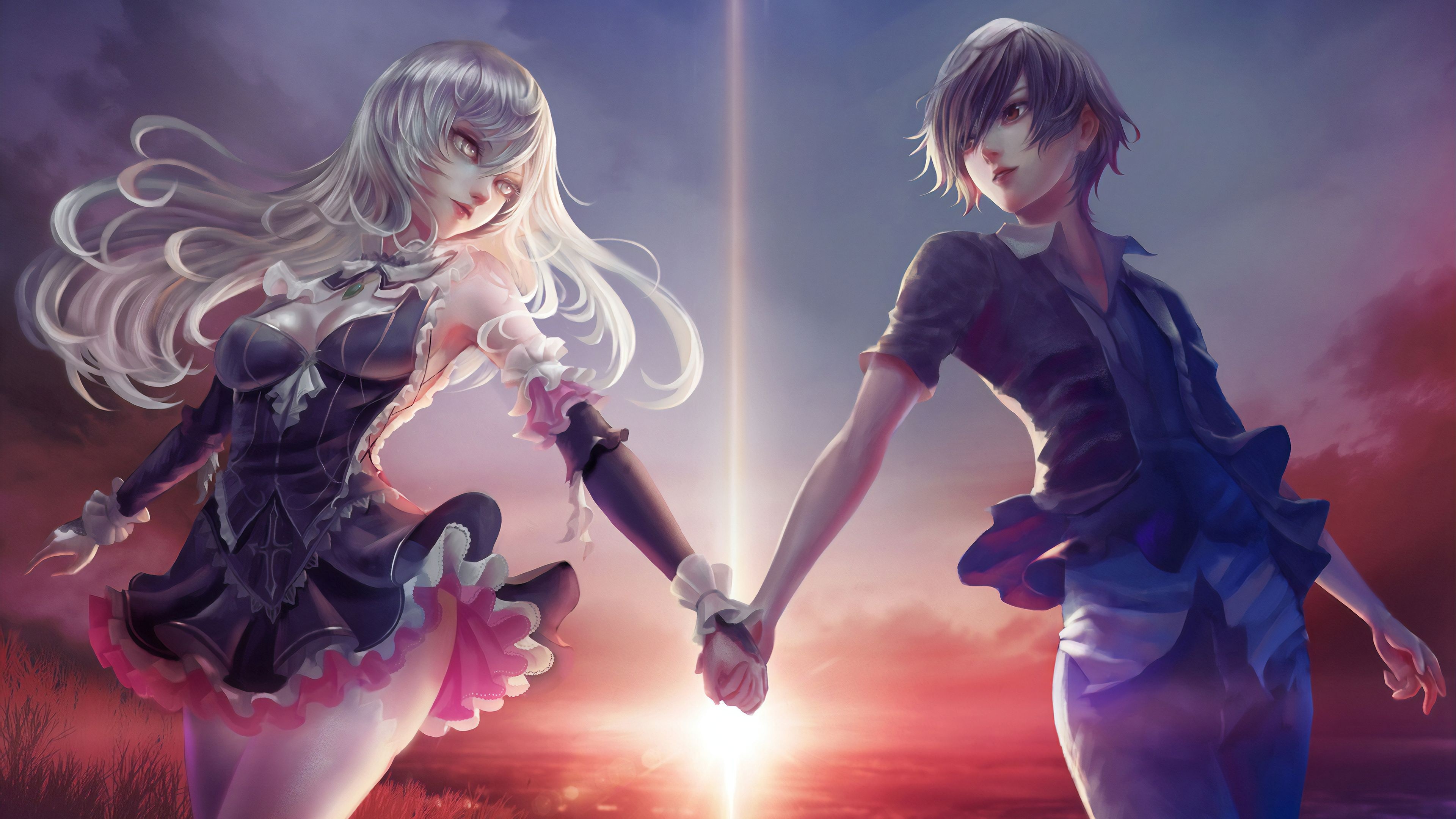 silver-haired anime girl, dark-haired anime boy, glowing sunset horizon, 4K Desktop wallpaper