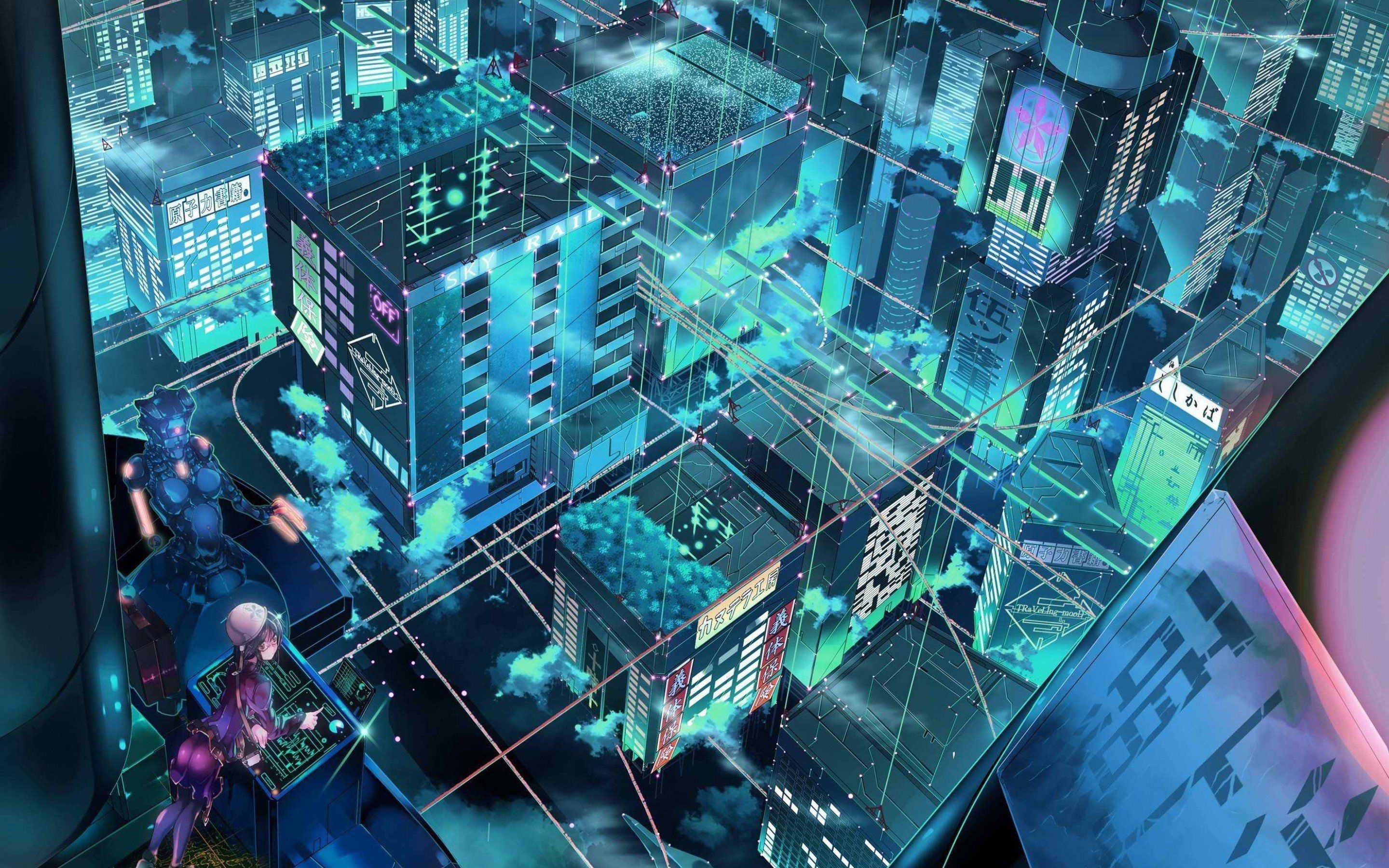 anime girl at console, SKY RAIL neon signage, cyan cyberpunk city grid, HD Desktop wallpaper