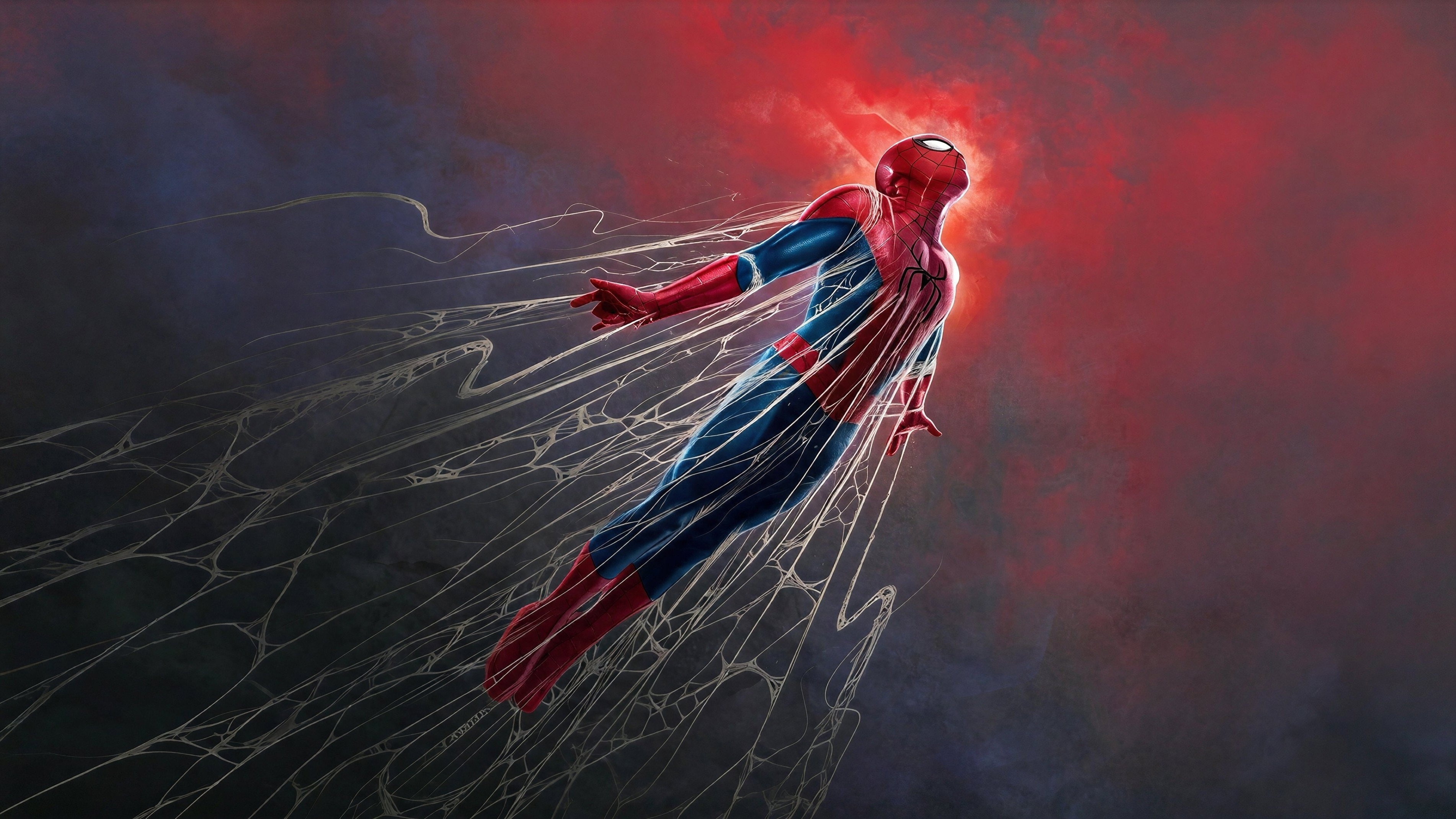 Trailing white webs, Glowing red backdrop, HD Desktop wallpaper