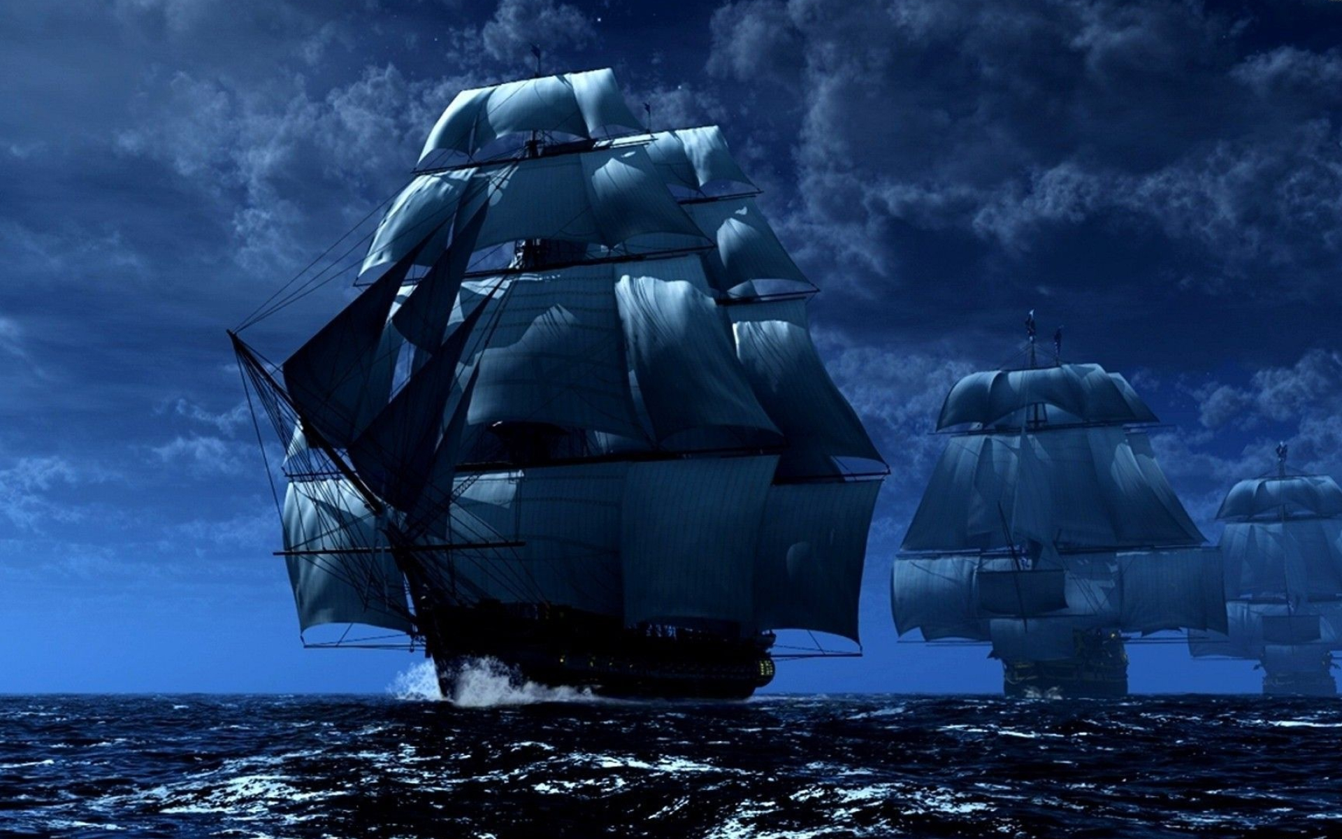 Full-rigged sailing ships, Choppy moonlit ocean, Dark cloudy night sky, HD Desktop wallpaper