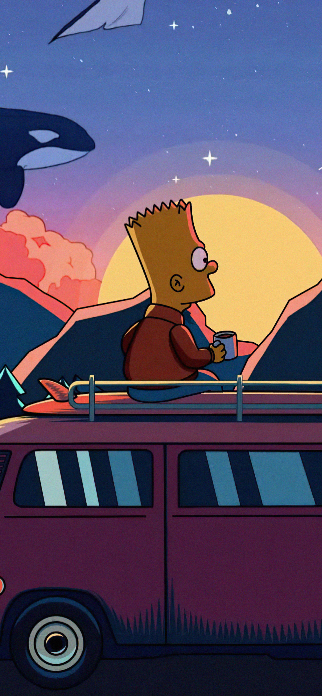 Bart Simpson, Volkswagen Type 2 van, Surreal starry sunset landscape, HD Phone wallpaper