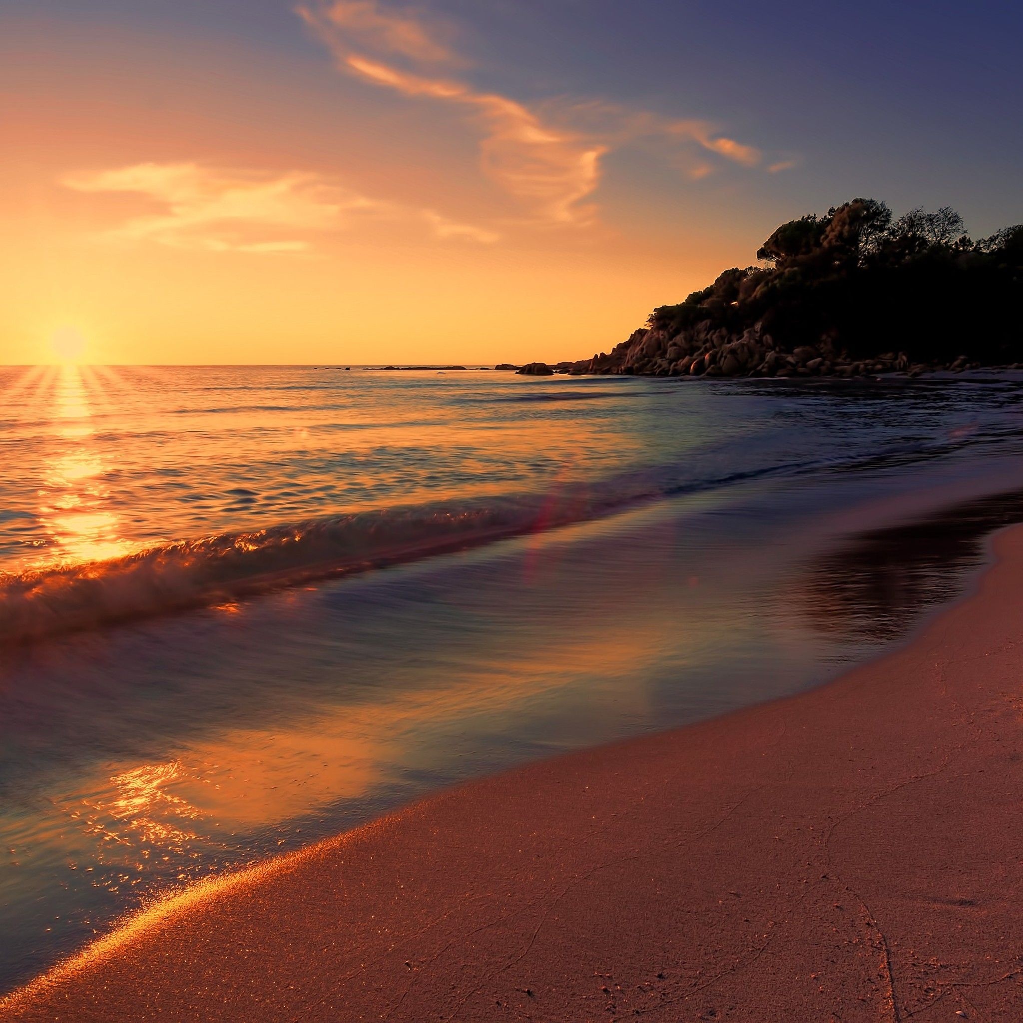 sunset ocean horizon, rocky coastal headland, breaking wave wet sand, HD Phone wallpaper