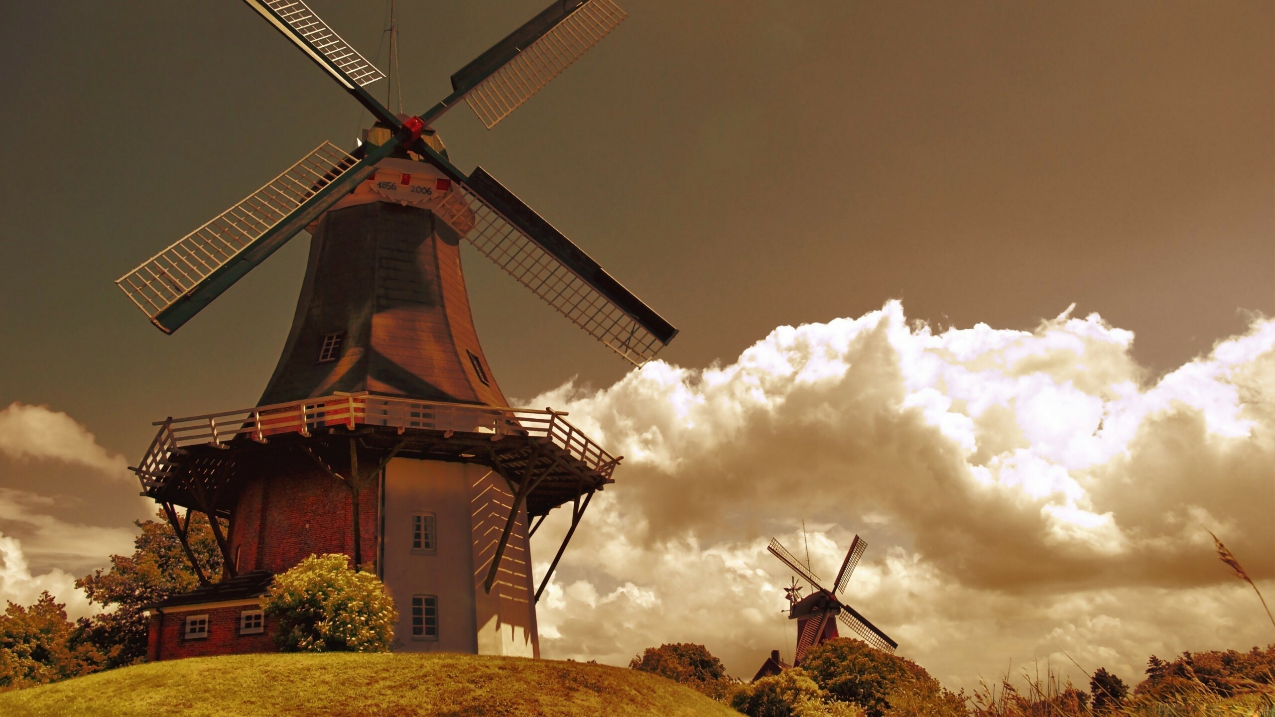 Holland windmill, Sky and clouds, Nature scenery, Dutch countryside, 2560x1440 HD Desktop