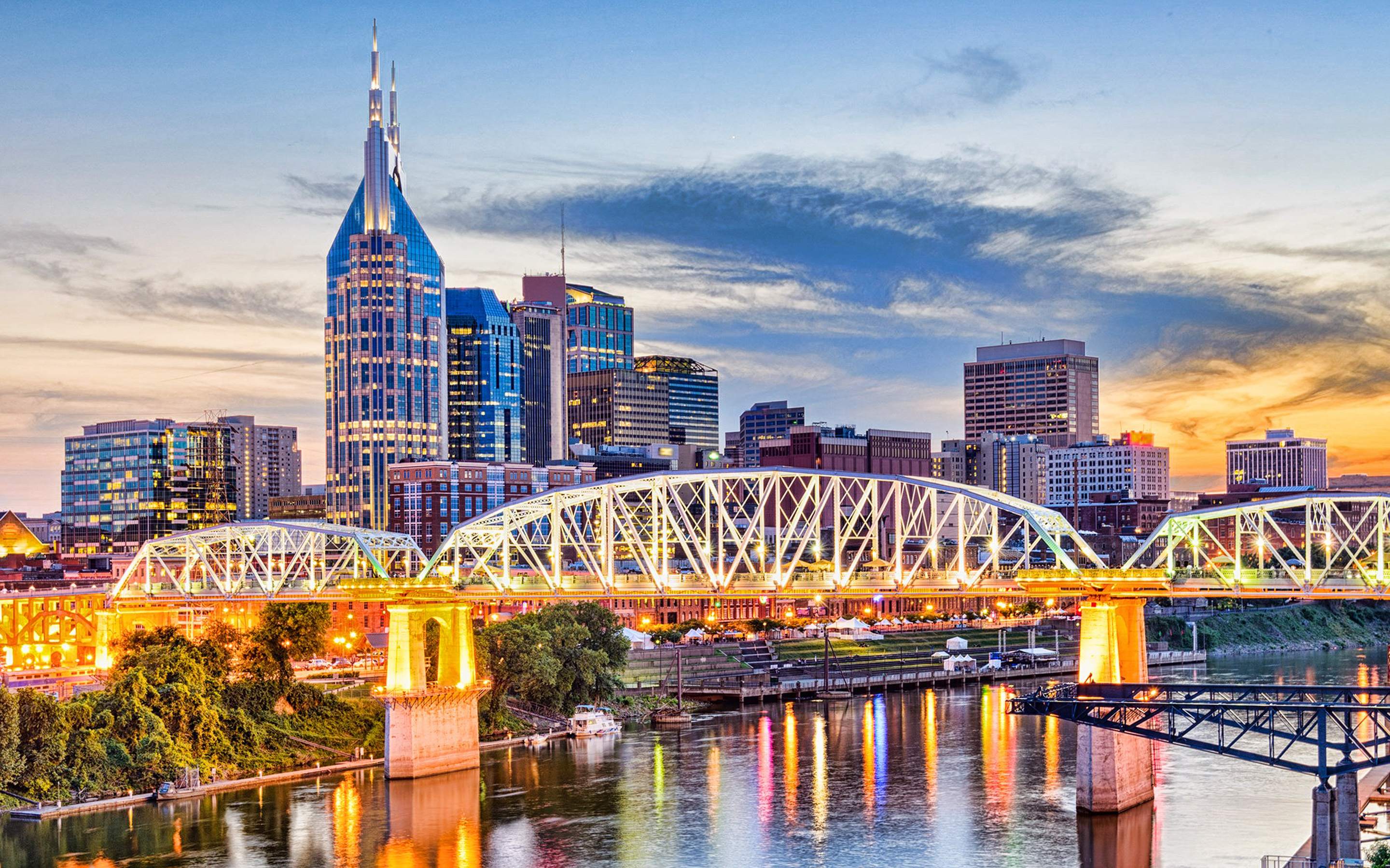 Nashville Skyline, Evening sunset, Skyscrapers, USA cityscape, 2880x1800 HD Desktop