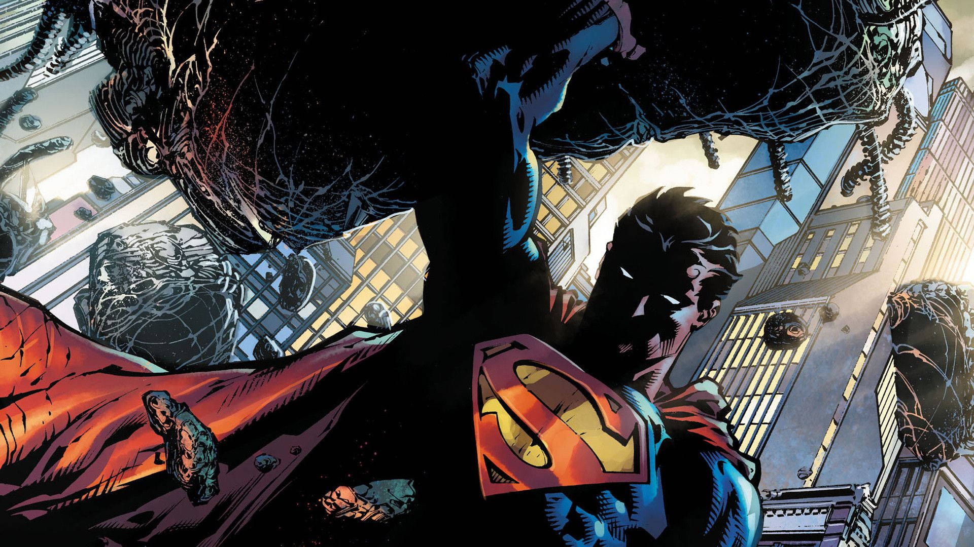 Superman, Metropolis cityscape, Superman S-Shield emblem, Full HD Desktop wallpaper