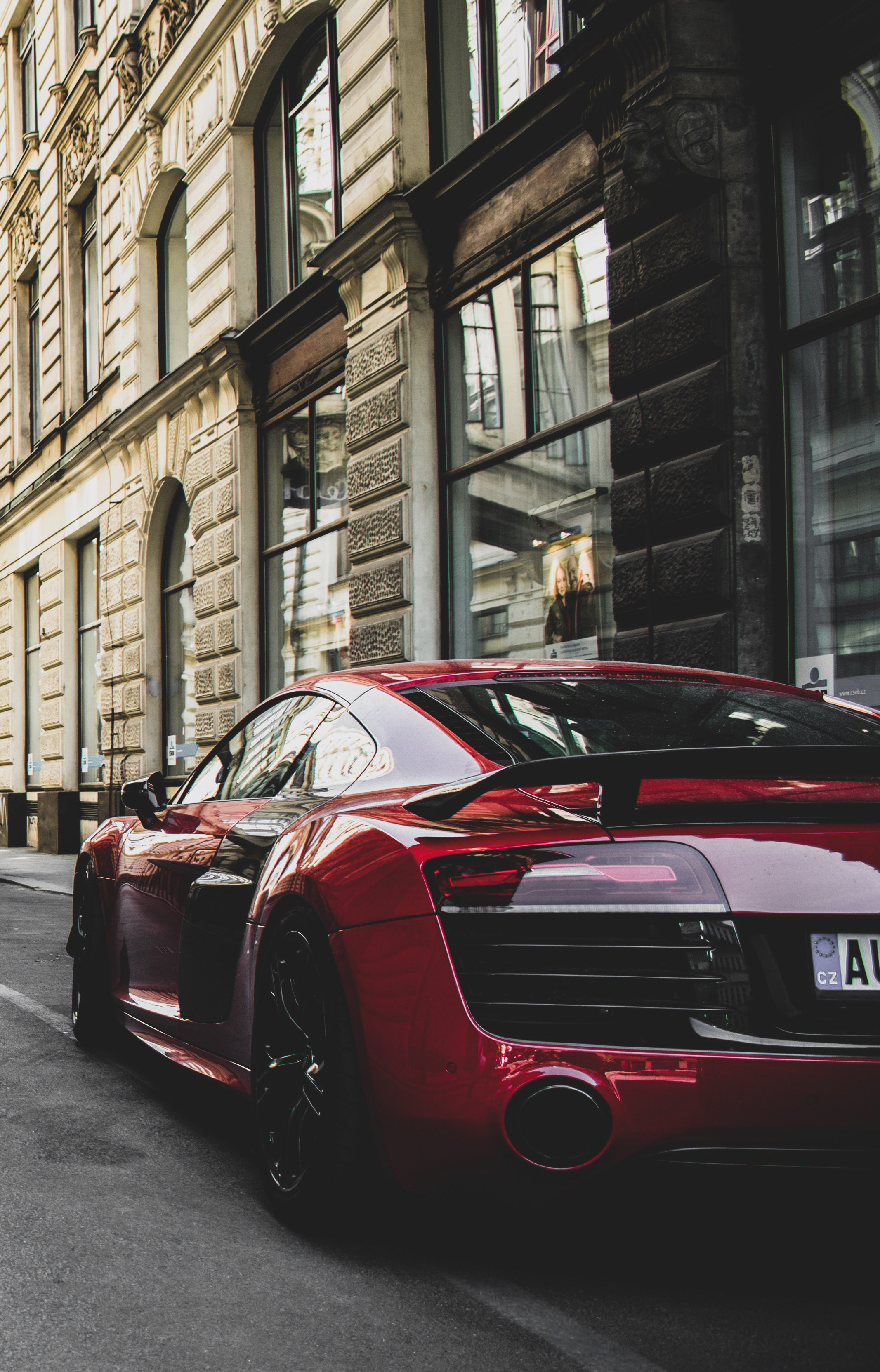 Audi R8 Coupe, European city street, metallic red paint, HD Phone wallpaper