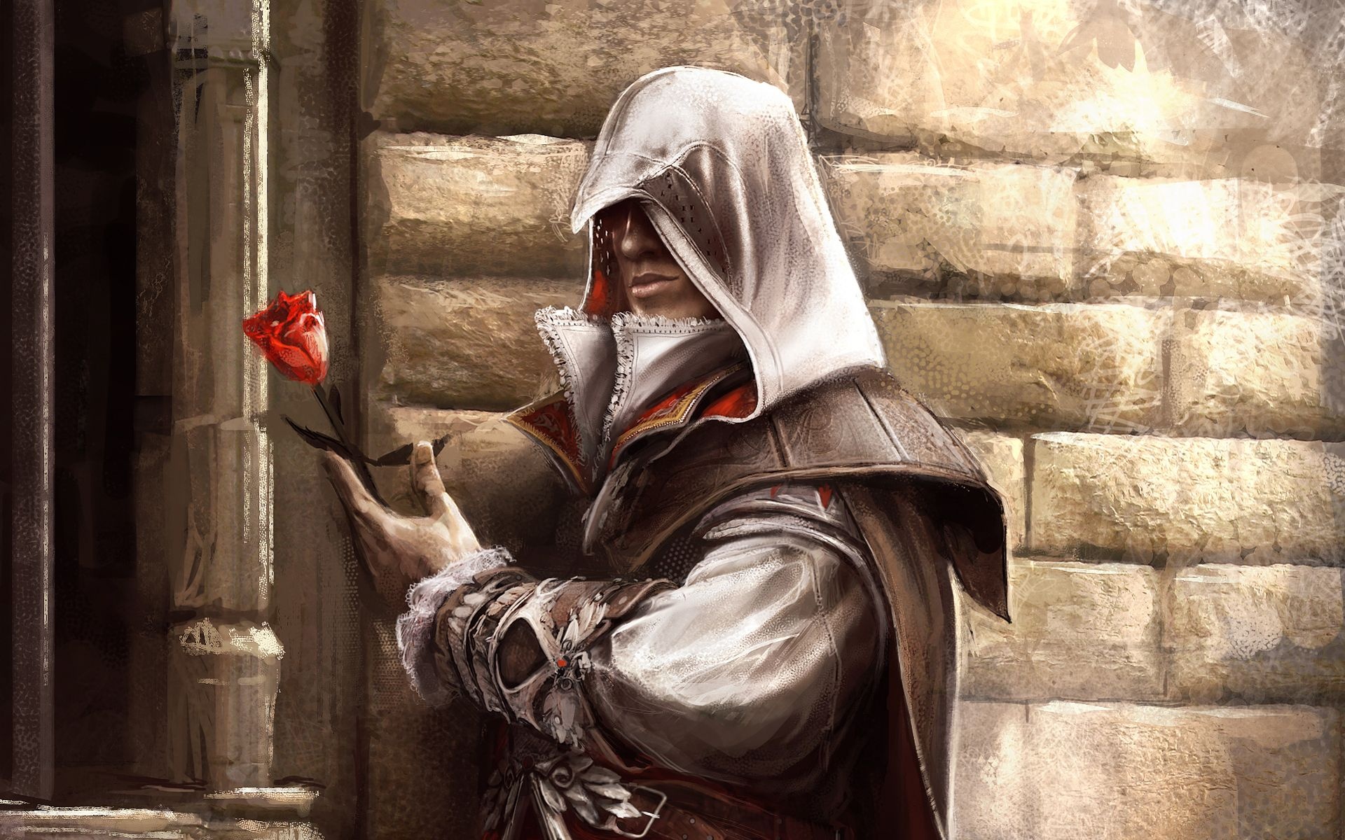 Ezio Auditore da Firenze, Single red rose, Renaissance stone wall, HD Desktop wallpaper