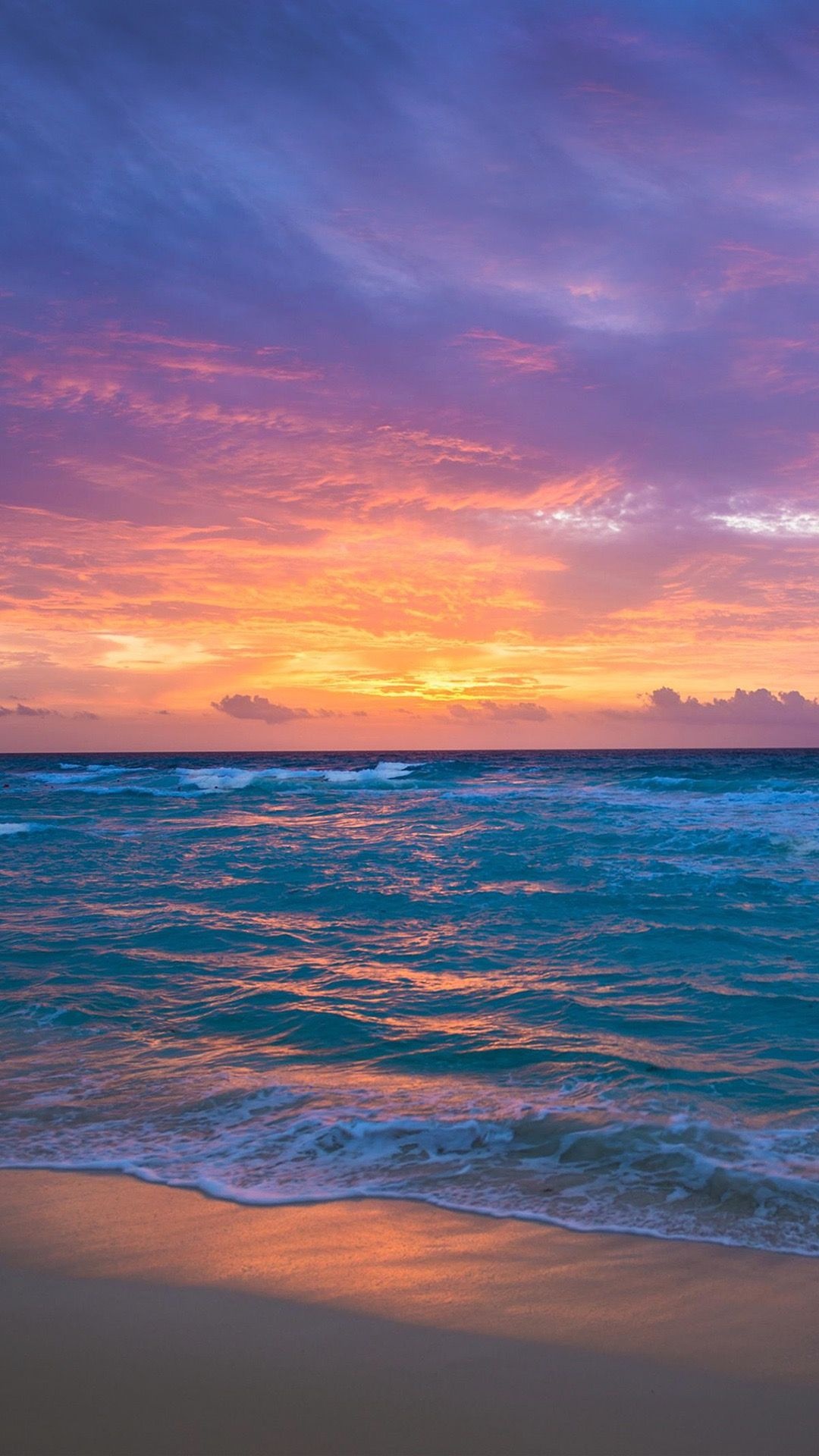turquoise ocean waves, pink purple sunset sky, wet sandy shoreline, Full HD Phone wallpaper