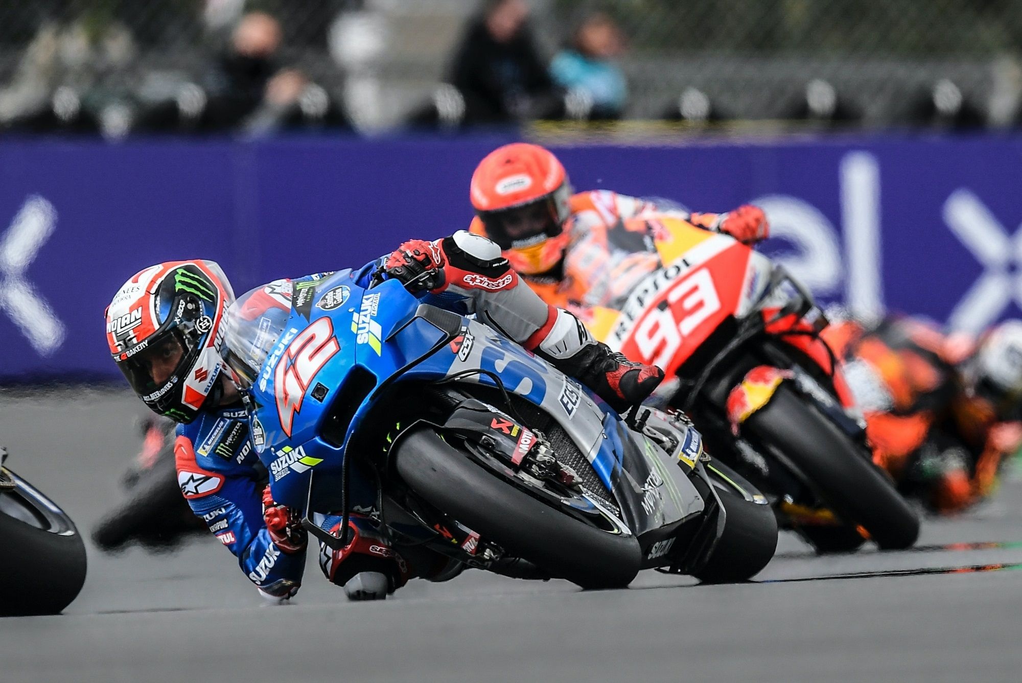 Alex Rins number 42, Marc Marquez number 93, Suzuki Ecstar GSX-RR, Repsol Honda RC213V, MotoGP duel into corner, HD Desktop wallpaper