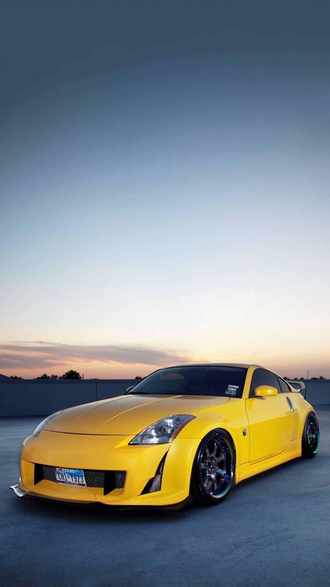 Nissan 350Z, Texas license plate CH1-Y923, sunset rooftop parking lot, Full HD Phone wallpaper