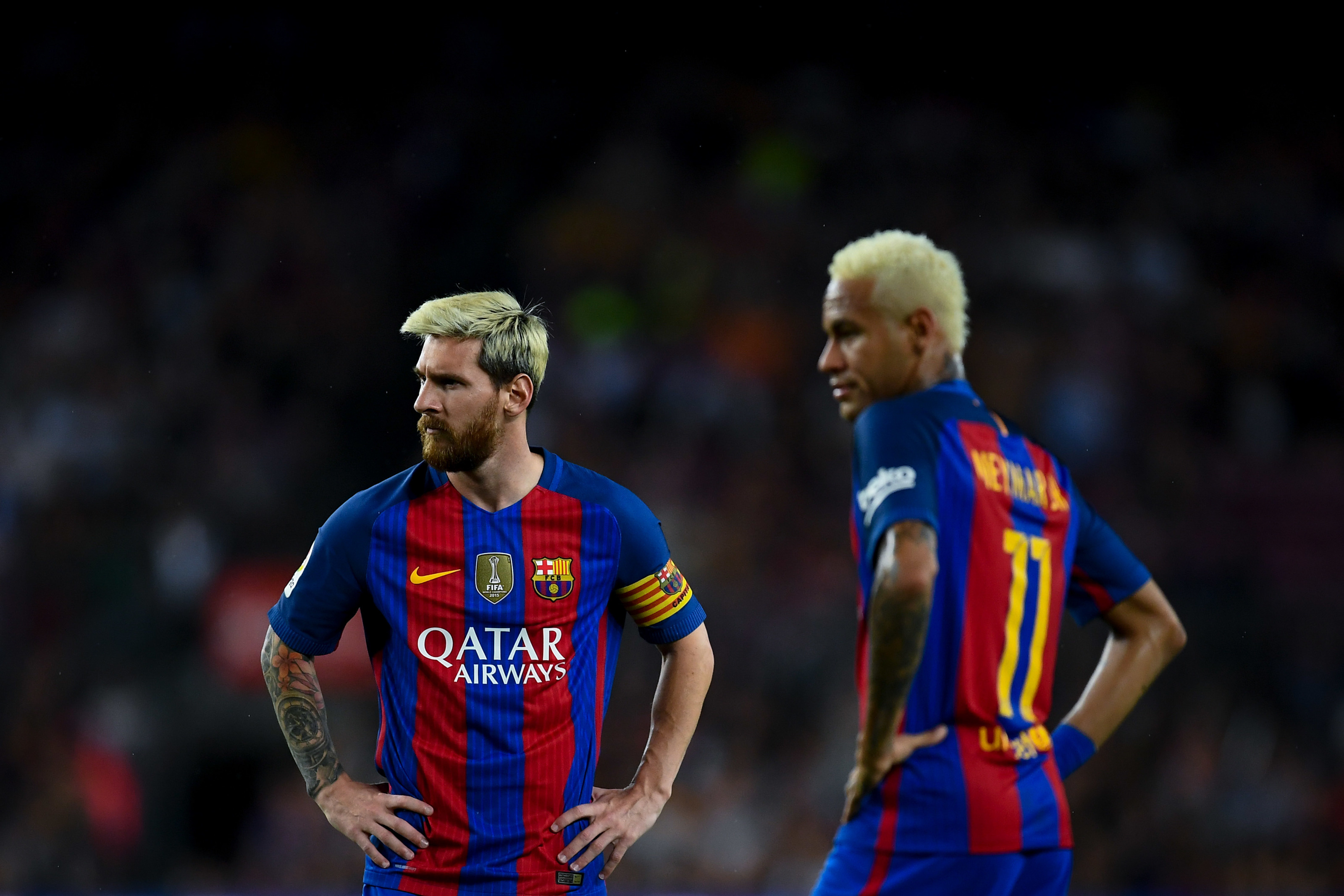 Lionel Messi, Neymar Jr., FC Barcelona home kit, Qatar Airways, HD Desktop wallpaper
