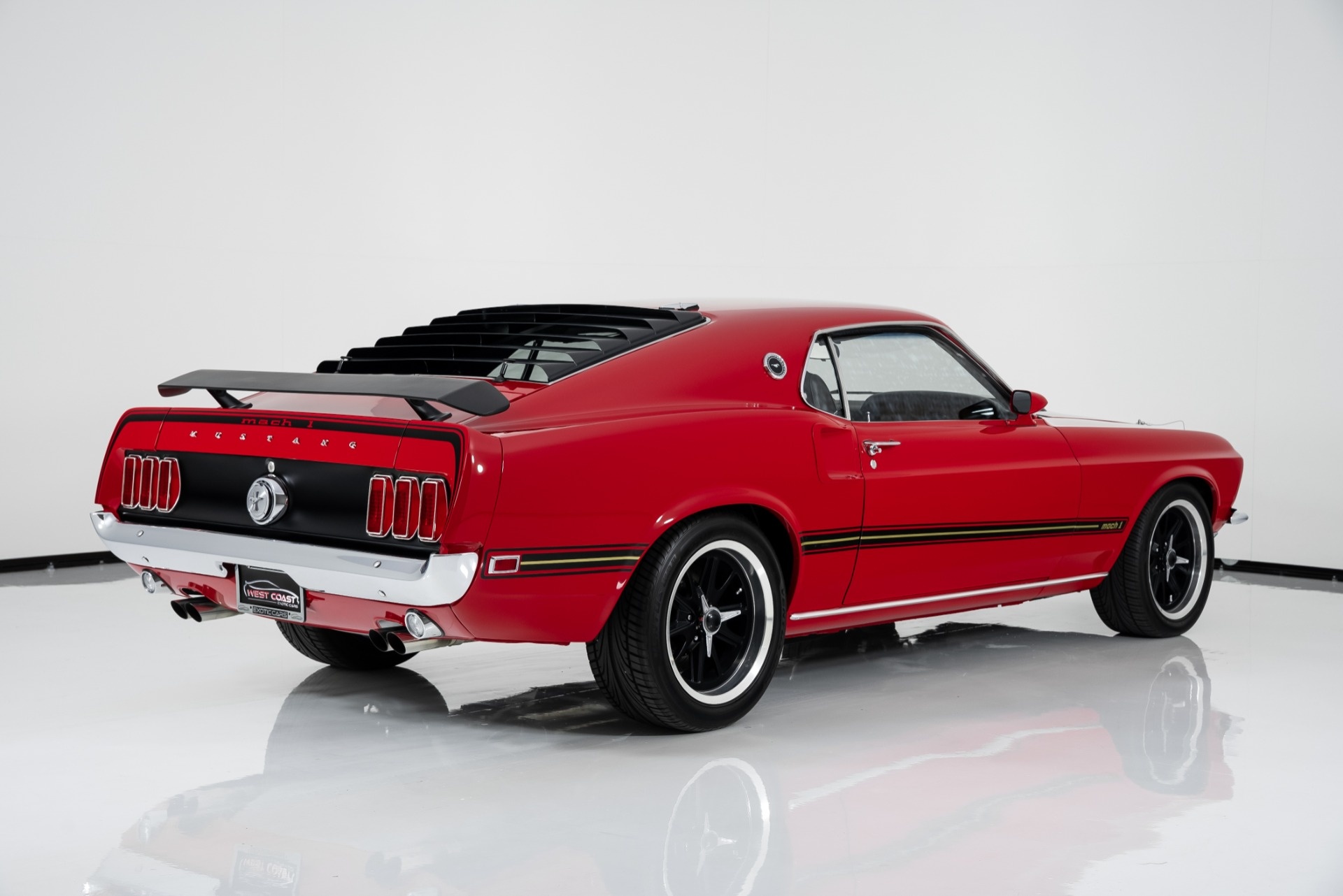 1969 Ford Mustang Mach 1, Black rear window louvers, White reflective studio floor, HD Desktop wallpaper