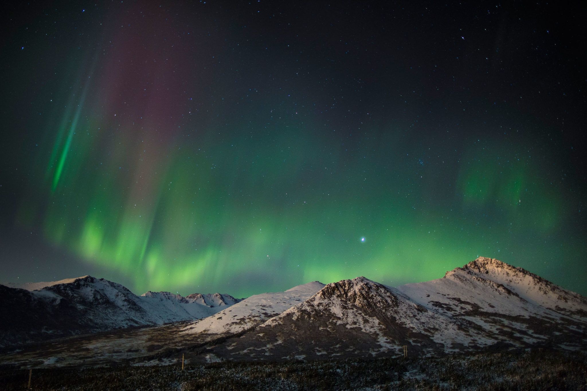Green Aurora Borealis, Snow-covered Alaska mountains, Starry night sky, HD Desktop wallpaper