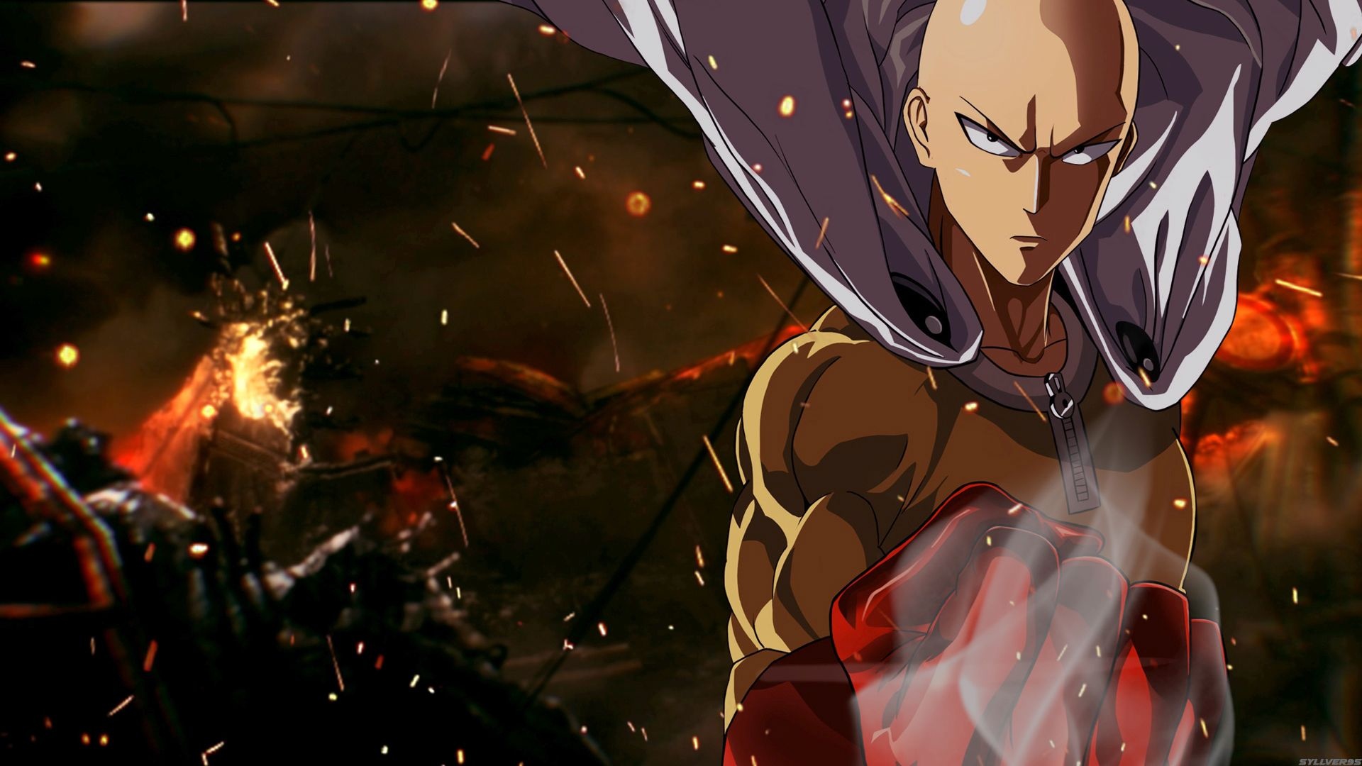 Saitama, Steaming red glove, Fiery battlefield explosion, Full HD Desktop wallpaper