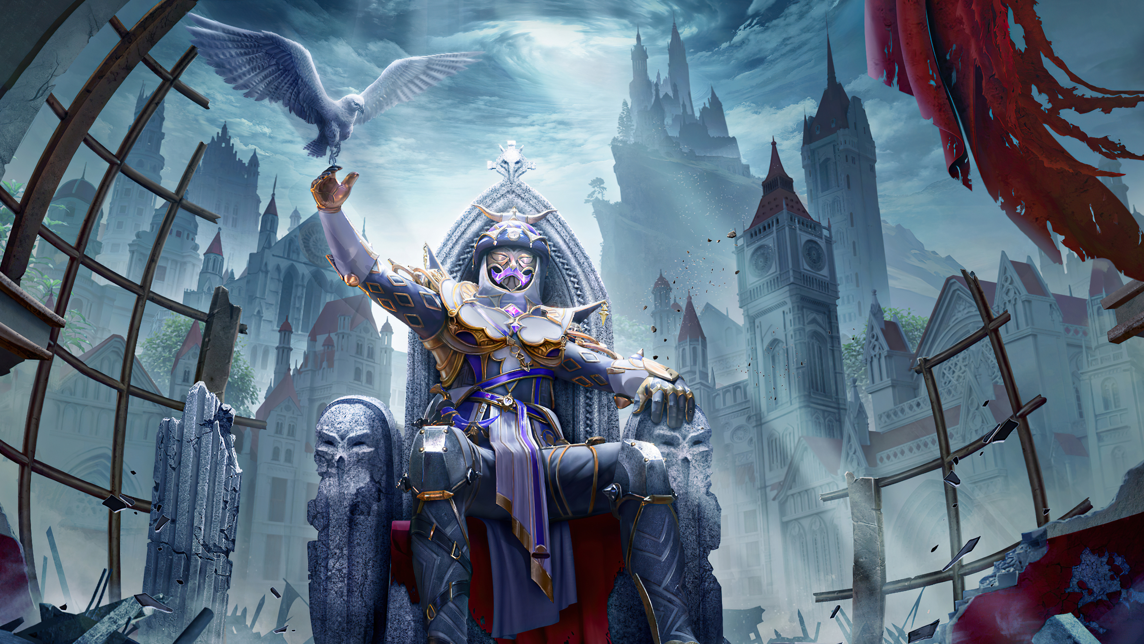 armored warrior on throne, flying white falcon, gothic cathedral city, 4K Desktop wallpaper