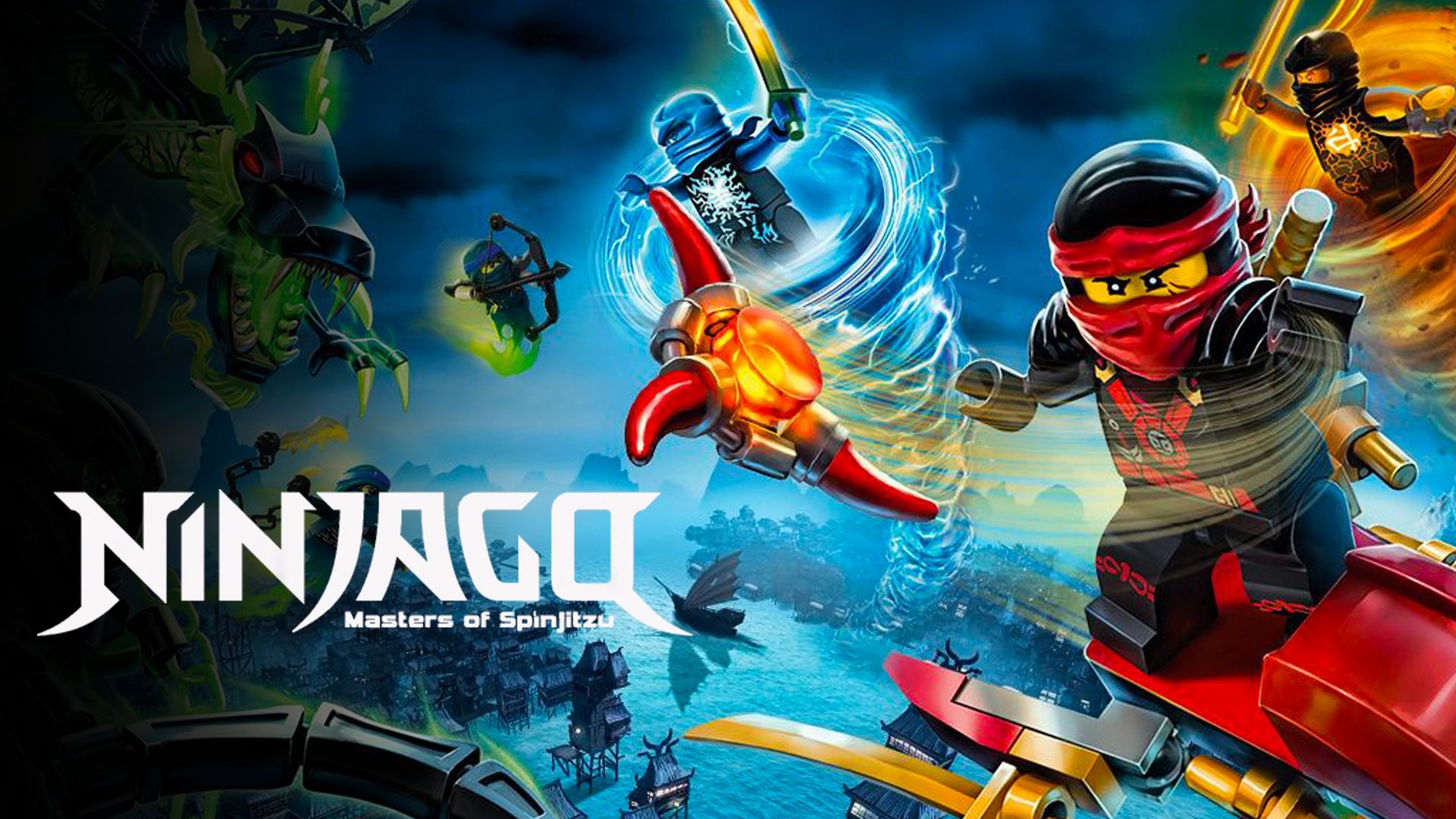 Ninjago: Masters of Spinjitzu logo, Kai the fire ninja, Blue ninja in tornado, Green serpent dragon, Coastal village at dusk, Full HD Desktop wallpaper