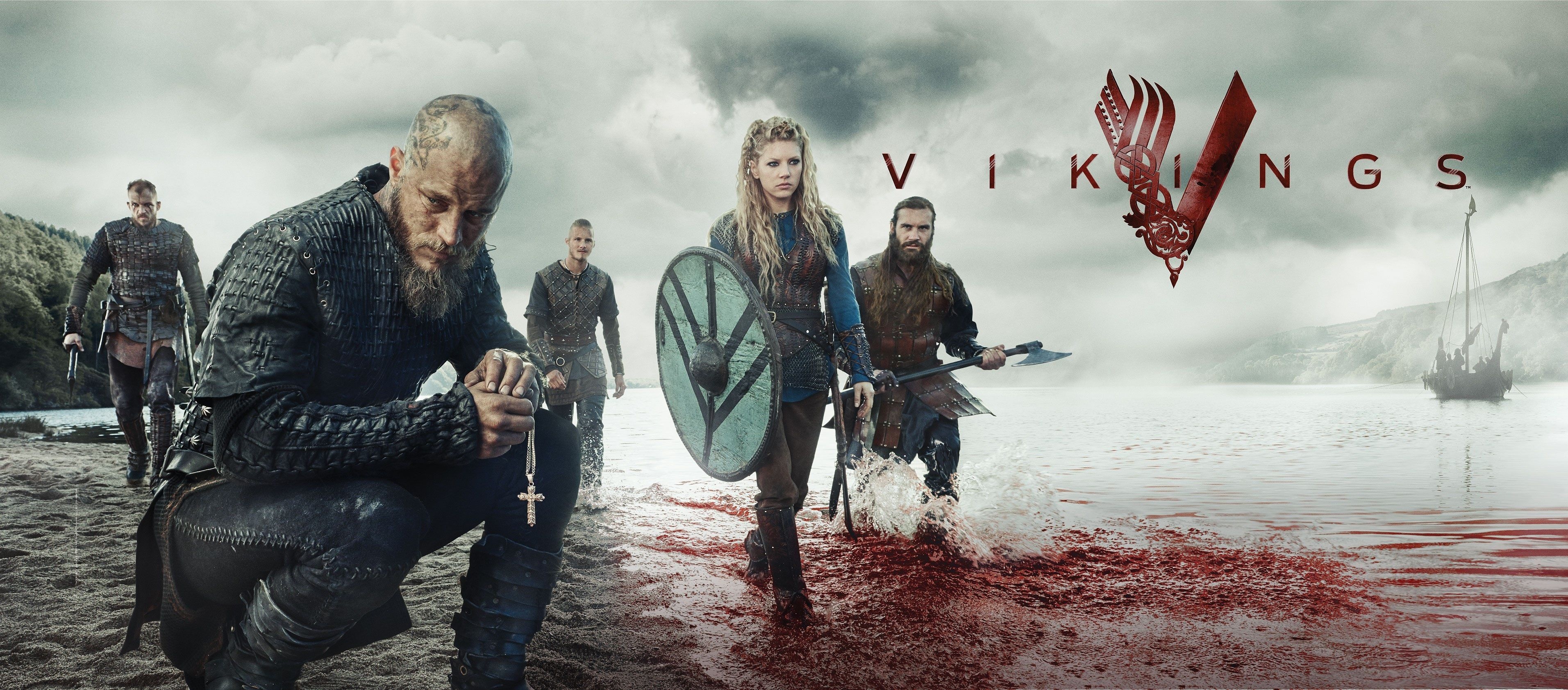 Ragnar Lothbrok, Lagertha, Rollo, VIKINGS logo, Dual Screen Desktop wallpaper
