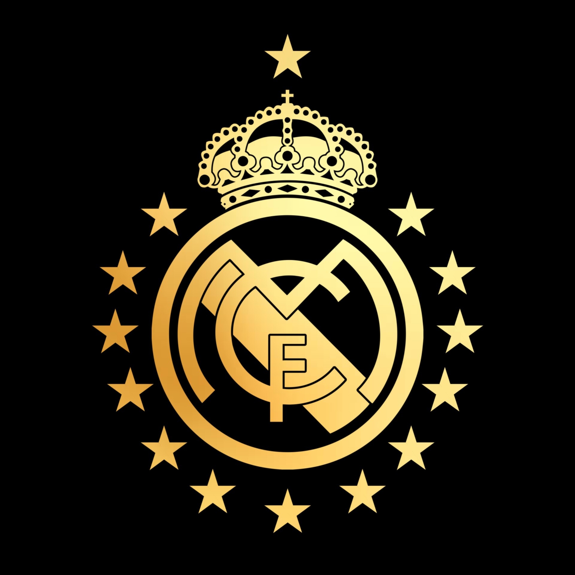 Real Madrid CF crest, fourteen golden stars, gold royal crown, HD Desktop wallpaper