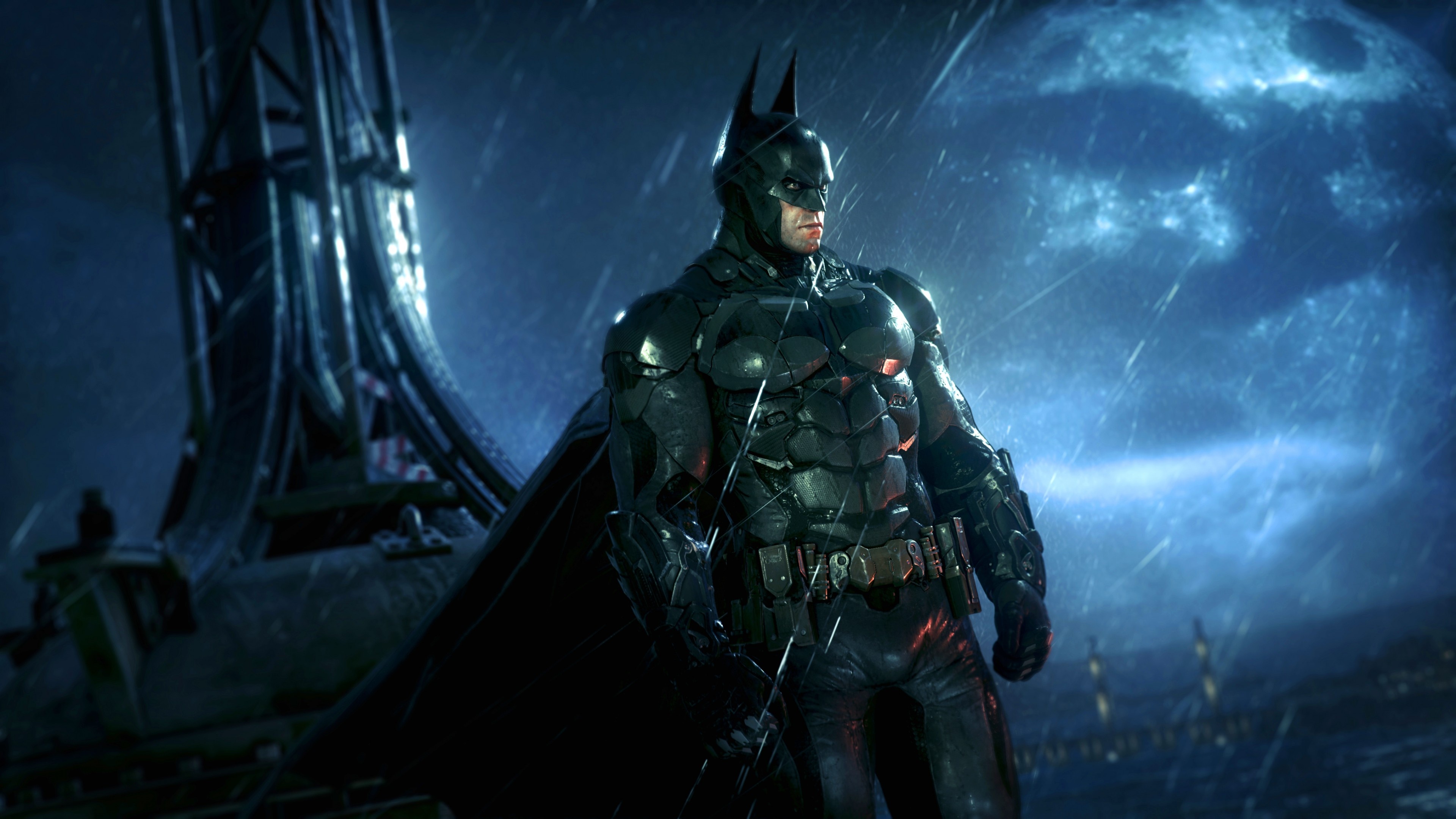 Batman in Arkham Knight Batsuit, Gotham City skyline, Rainy night full moon, 4K Desktop wallpaper