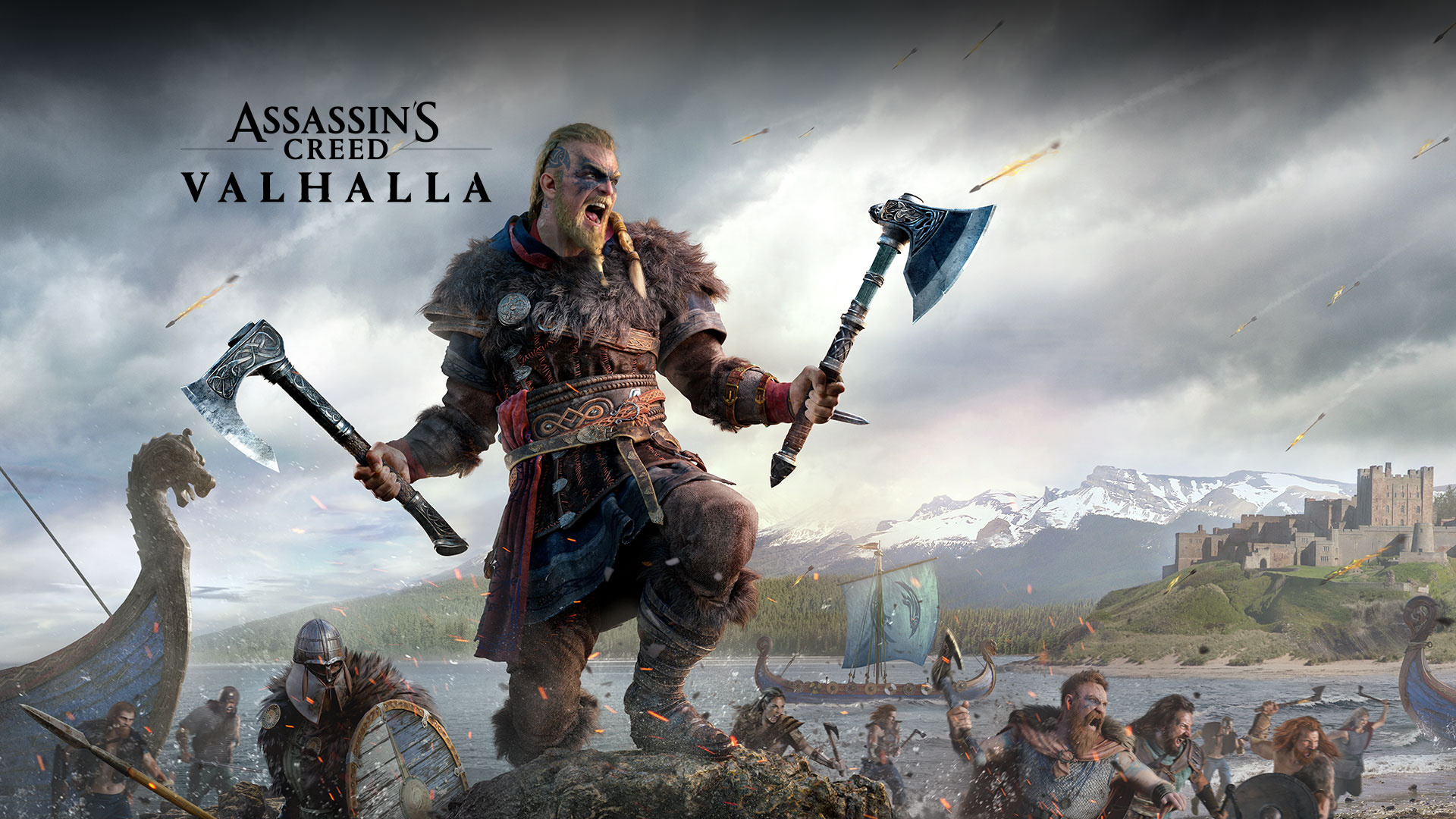 Eivor Varinsdottir, Assassin's Creed Valhalla logo, Viking longship landing, Medieval English fortress, Full HD Desktop wallpaper