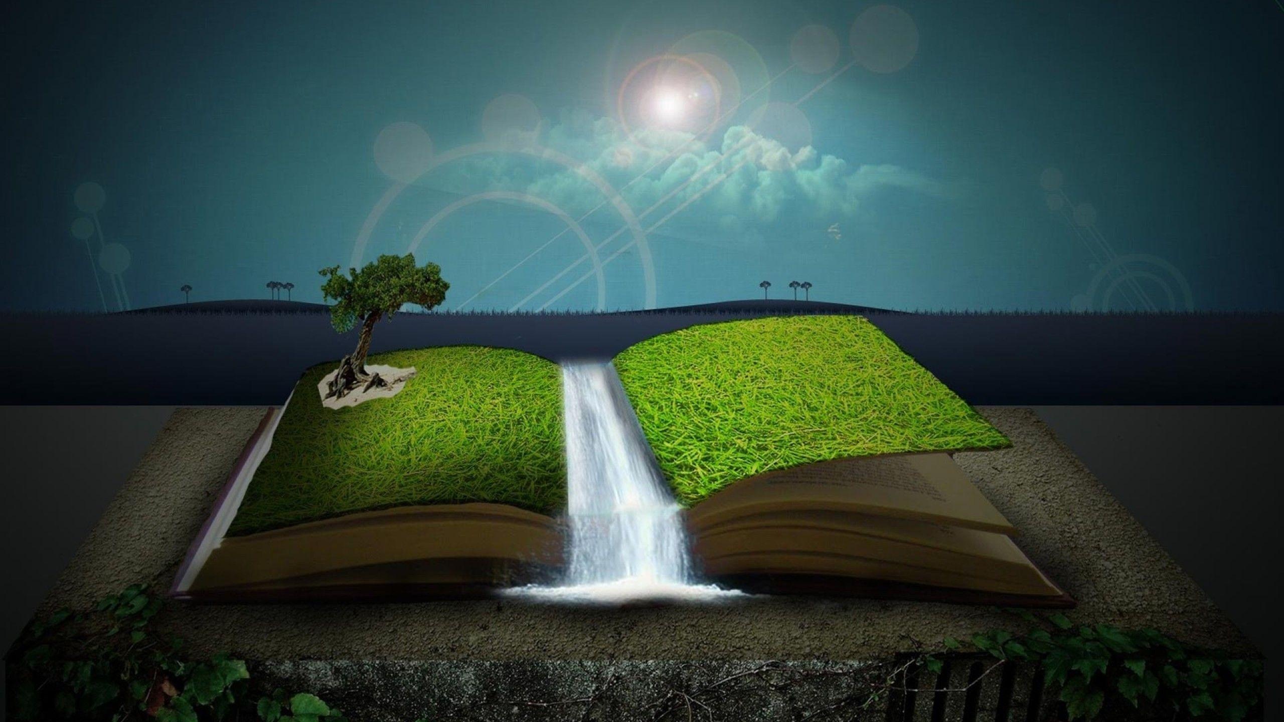 waterfall spilling from book, grass covered book pages, lone tree on book, HD Desktop wallpaper