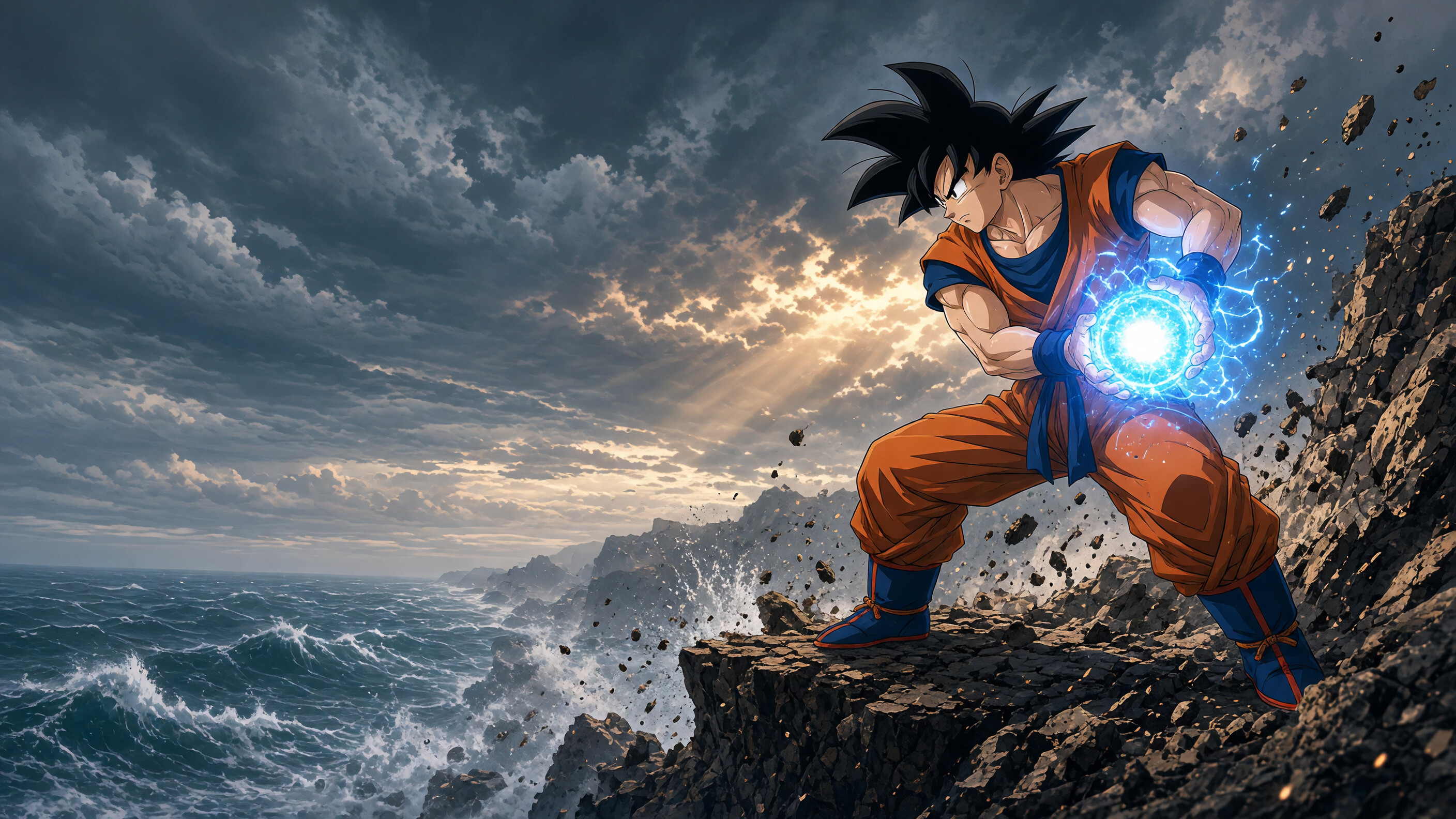 Goku, Kamehameha, Cupped hands charge, Coastal cliff, Storm over the ocean, Dragon Ball, HD Desktop wallpaper