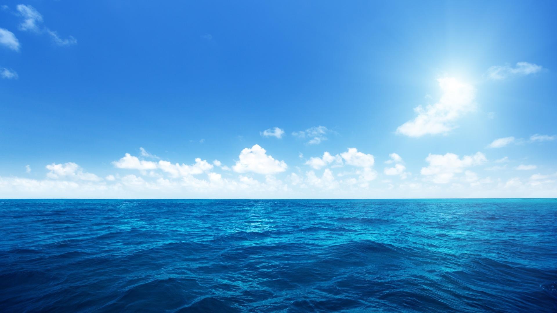 Bright sunny sky, Deep blue ocean water, Scattered cumulus clouds, Full HD Desktop wallpaper