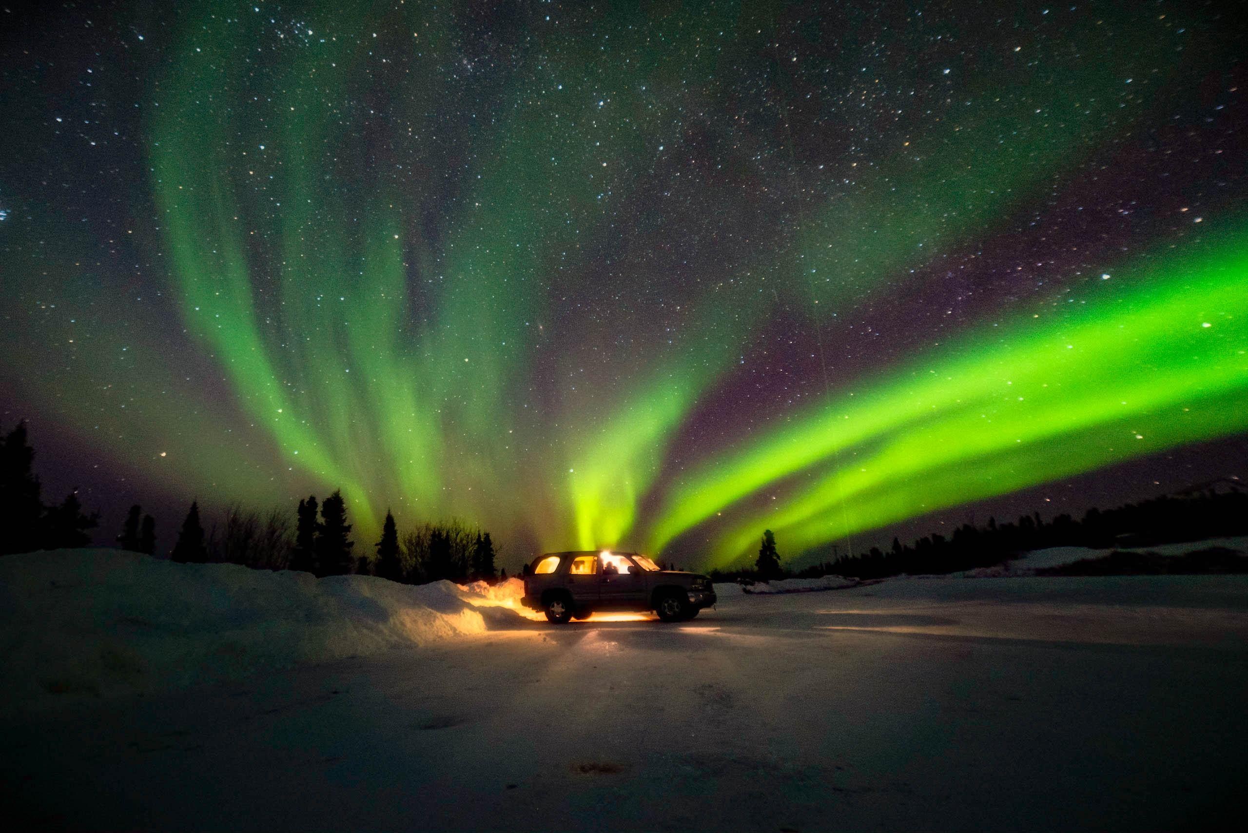 Alaska aurora borealis, Illuminated SUV in snow, Starry night sky, HD Desktop wallpaper