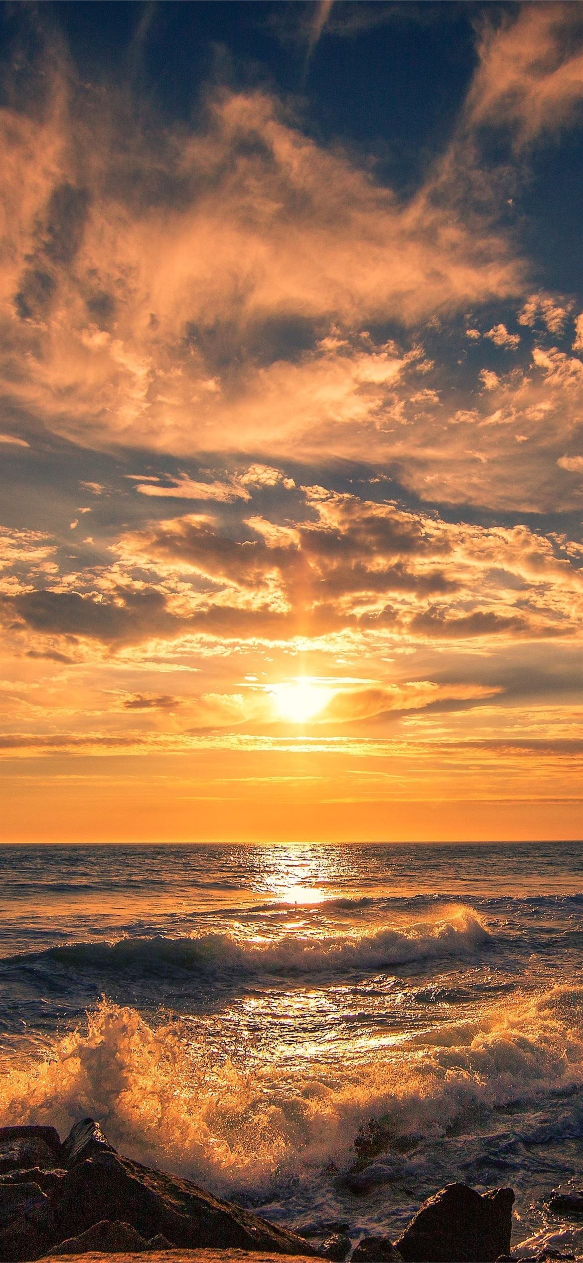 crashing ocean surf waves, setting sun over horizon, golden sunset cloudscape, HD Phone wallpaper