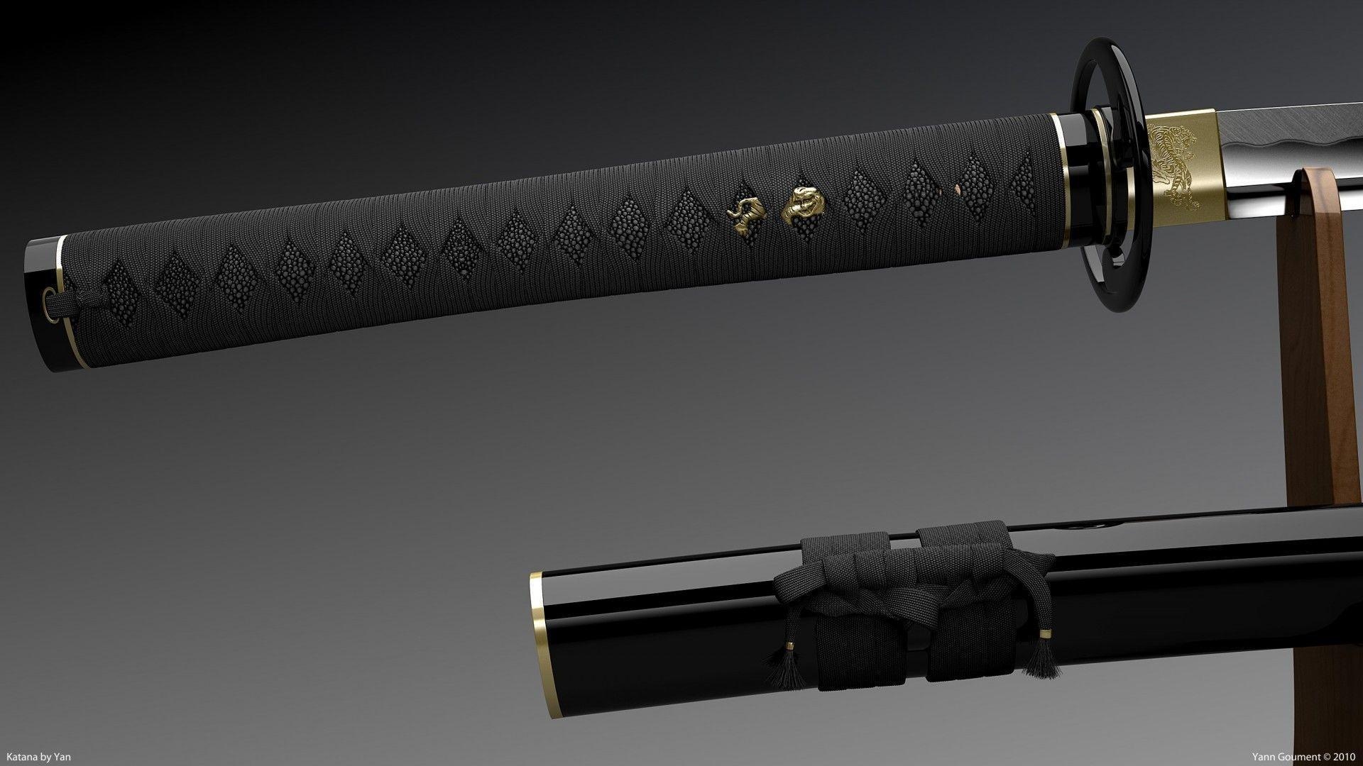 Black wrapped Katana hilt, Black lacquered Katana scabbard, Wooden katana stand, Full HD Desktop wallpaper