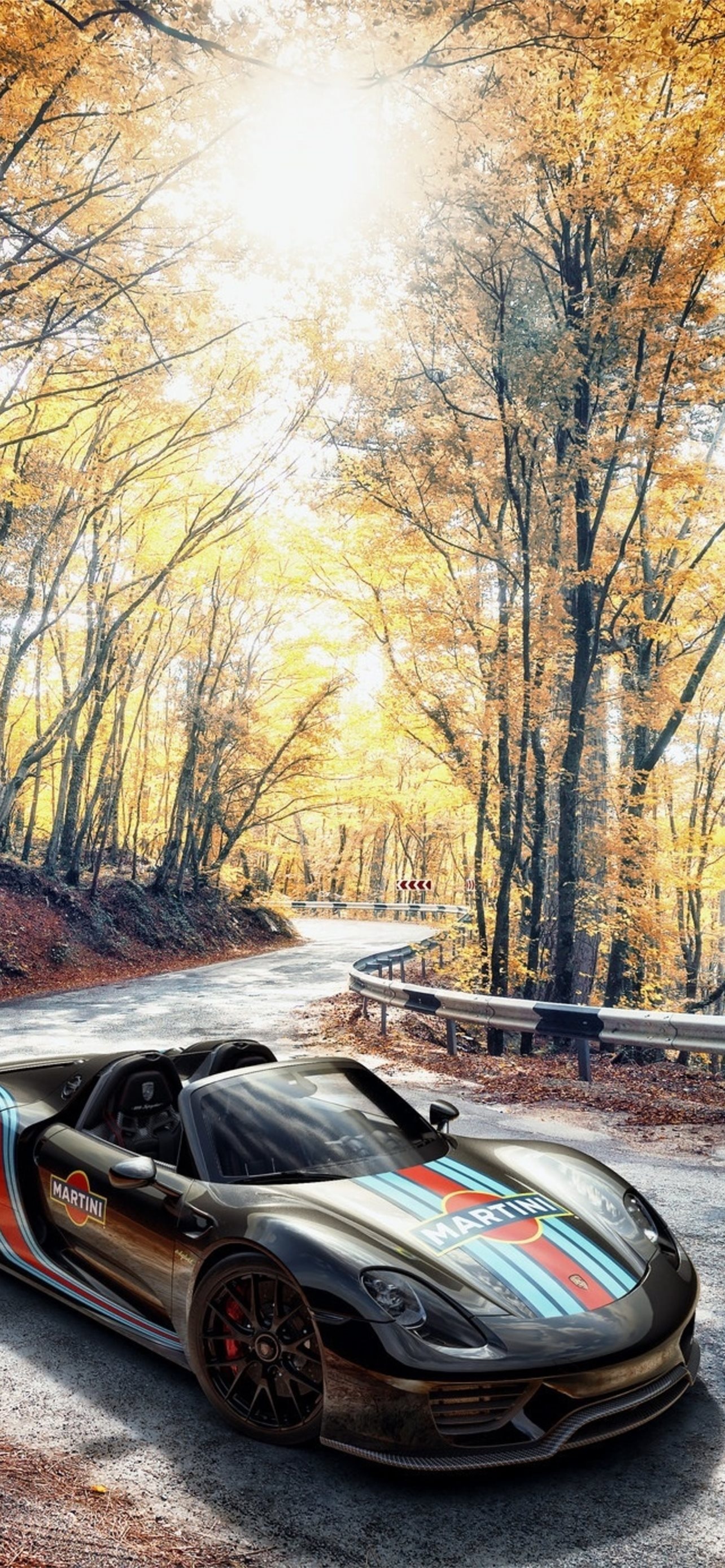 Porsche 918 Spyder, Martini Racing livery, Autumn forest road, HD Phone wallpaper