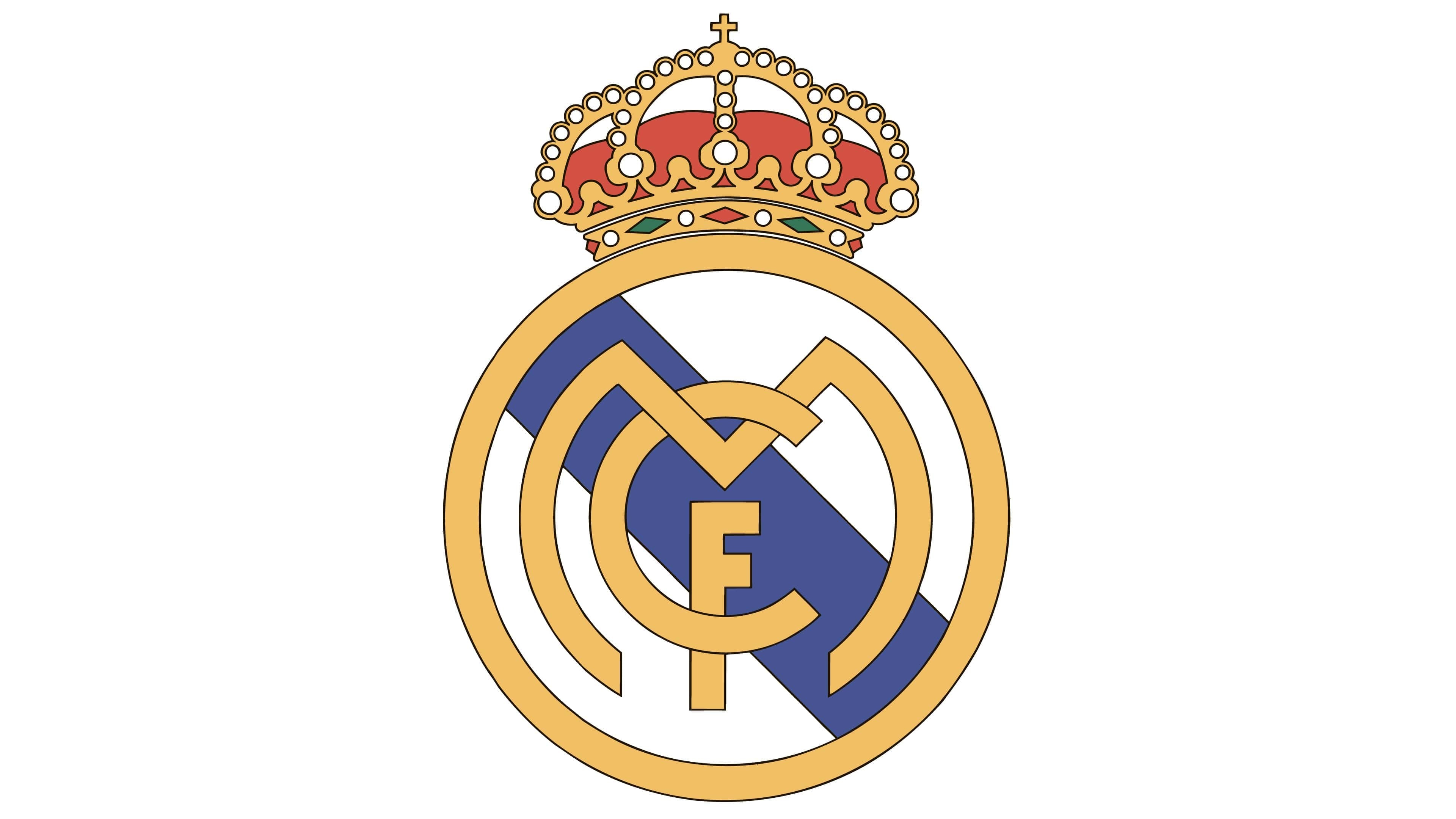 Real Madrid C.F. crest, Spanish royal crown, gold MFC monogram, 4K Desktop wallpaper