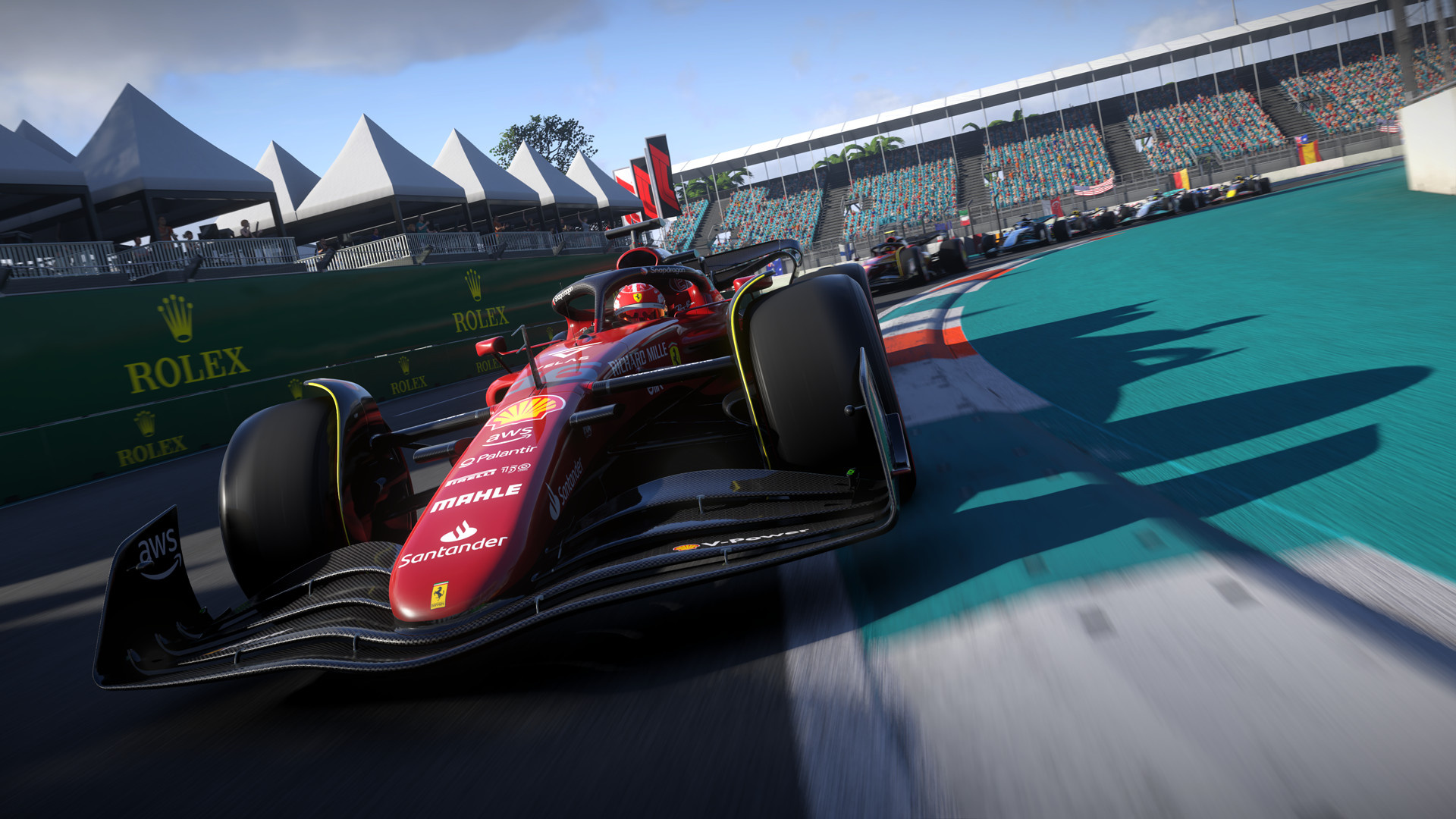 Scuderia Ferrari F1-75, Miami International Autodrome, Teal circuit runoff, Full HD Desktop wallpaper