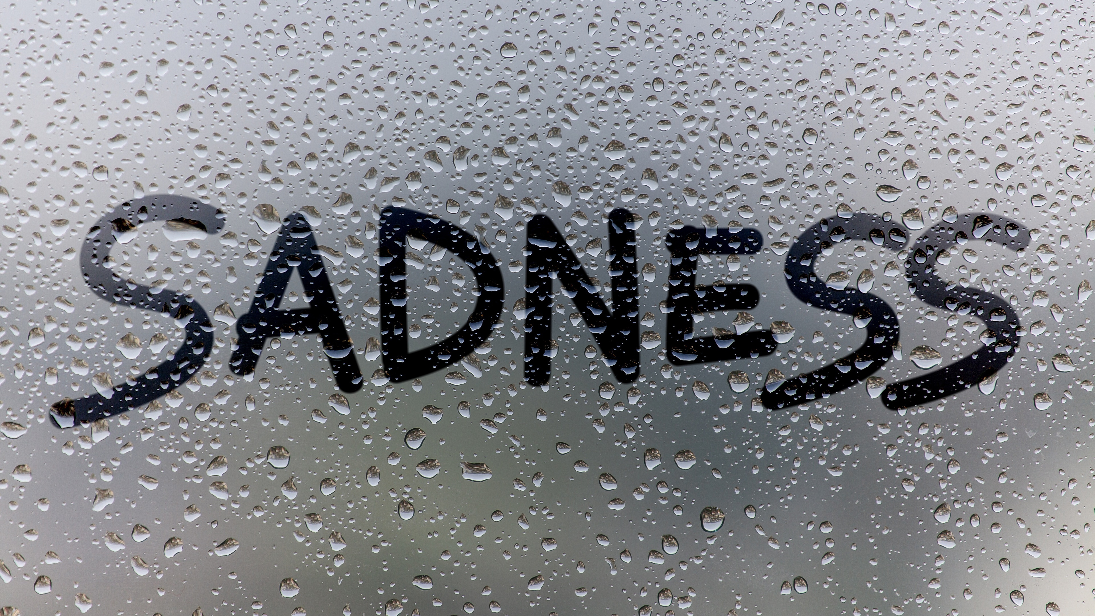 Sadness text on glass, Raindrops on window pane, Moody grey overcast background, 4K Desktop wallpaper