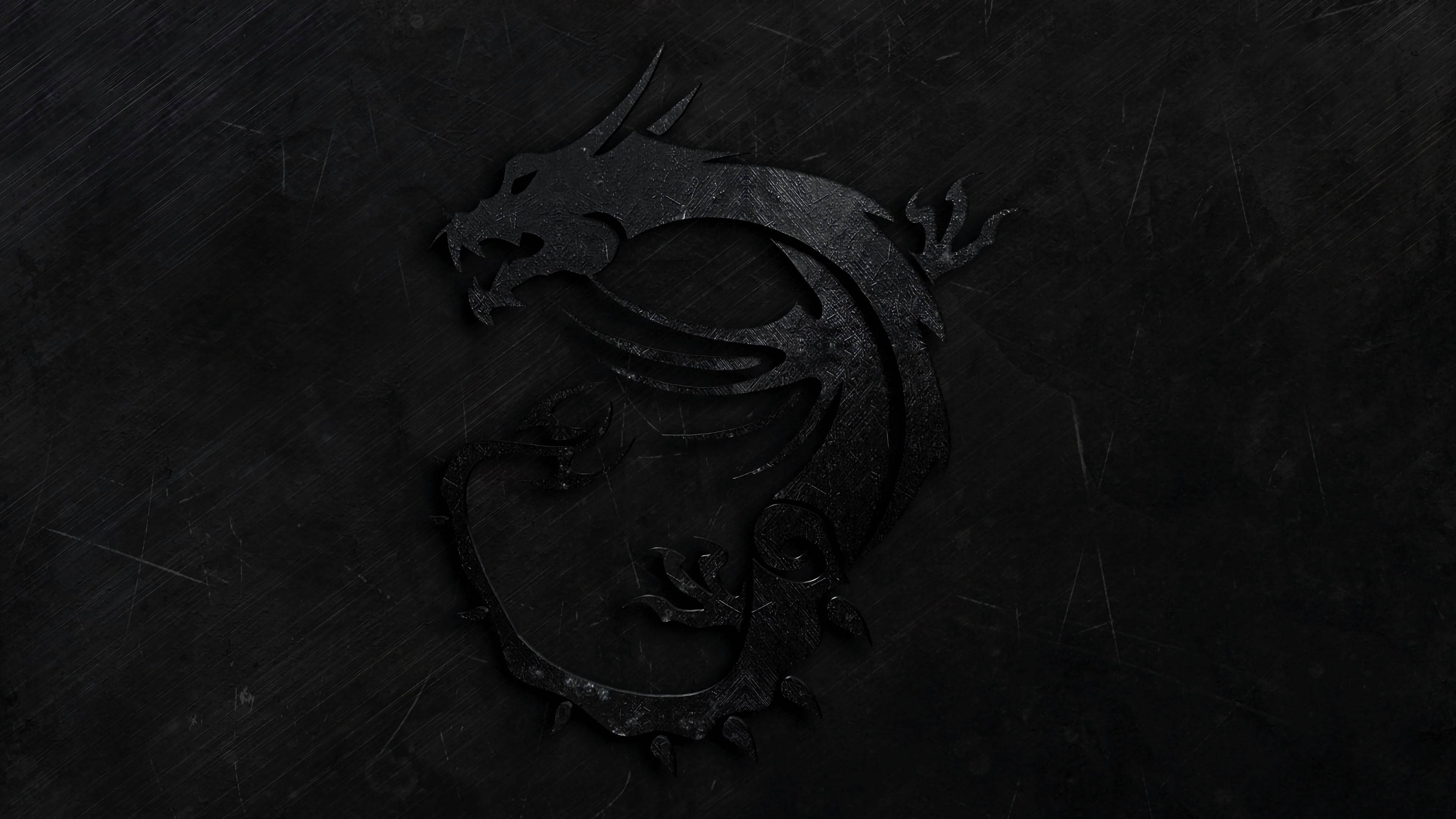 MSI Dragon logo, brushed black metal texture, embossed dark dragon emblem, 4K Desktop wallpaper