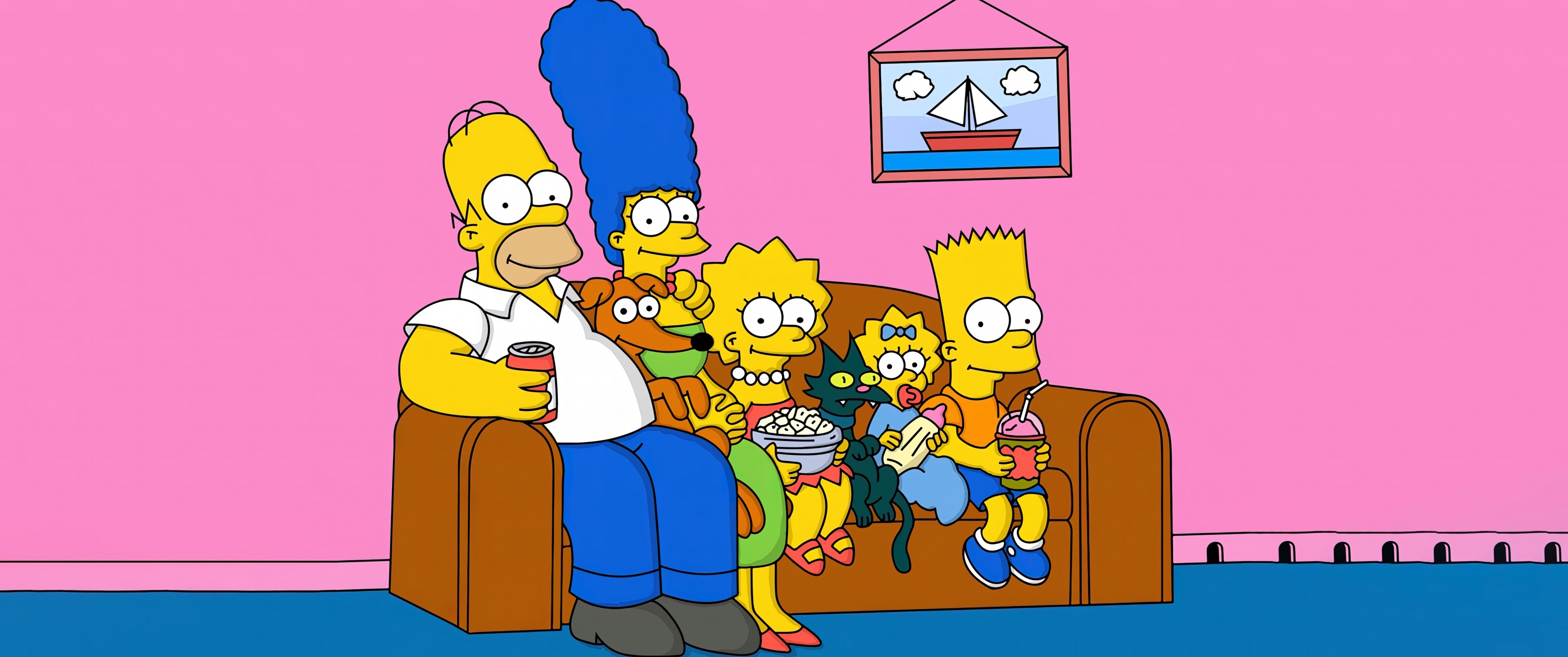 The Simpsons couch gag, Bart Simpson, Homer Simpson, Marge Simpson, Lisa Simpson, Dual Screen Desktop wallpaper