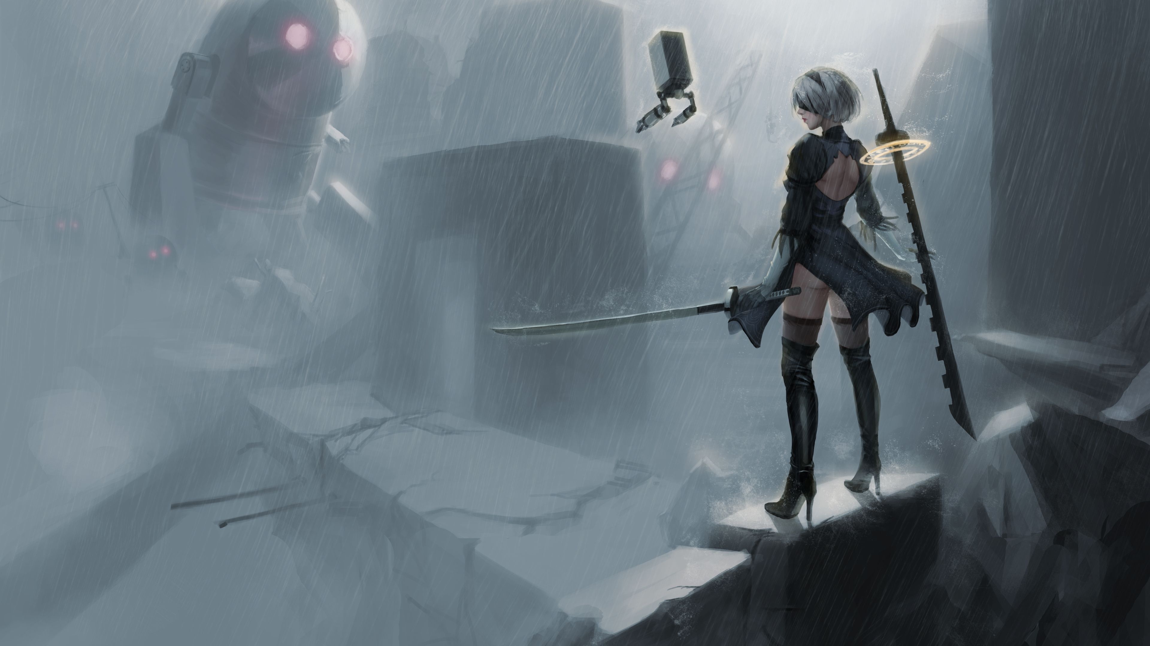 YoRHa No.2 Type B 2B, Pod 042, Goliath machine lifeform, 4K Desktop wallpaper