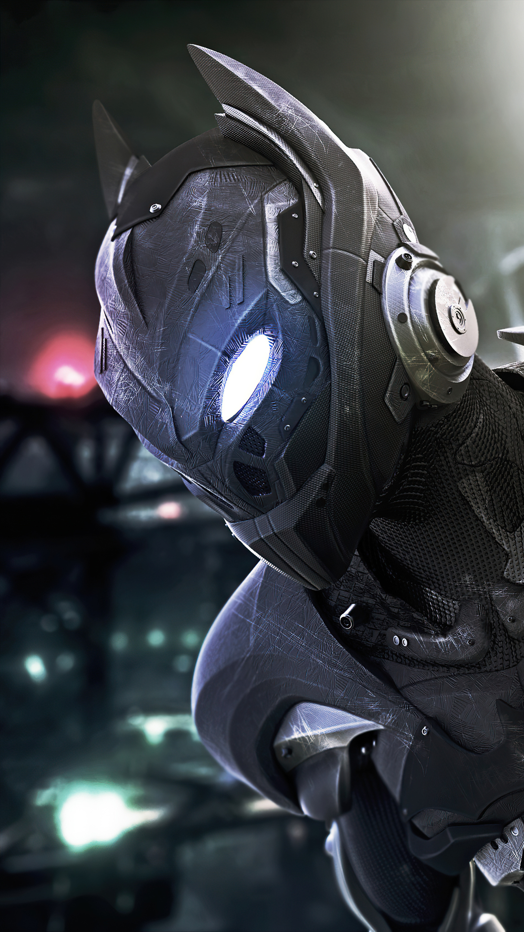 Arkham Knight helmet, Glowing blue visor, Gotham City night, 4K Phone wallpaper