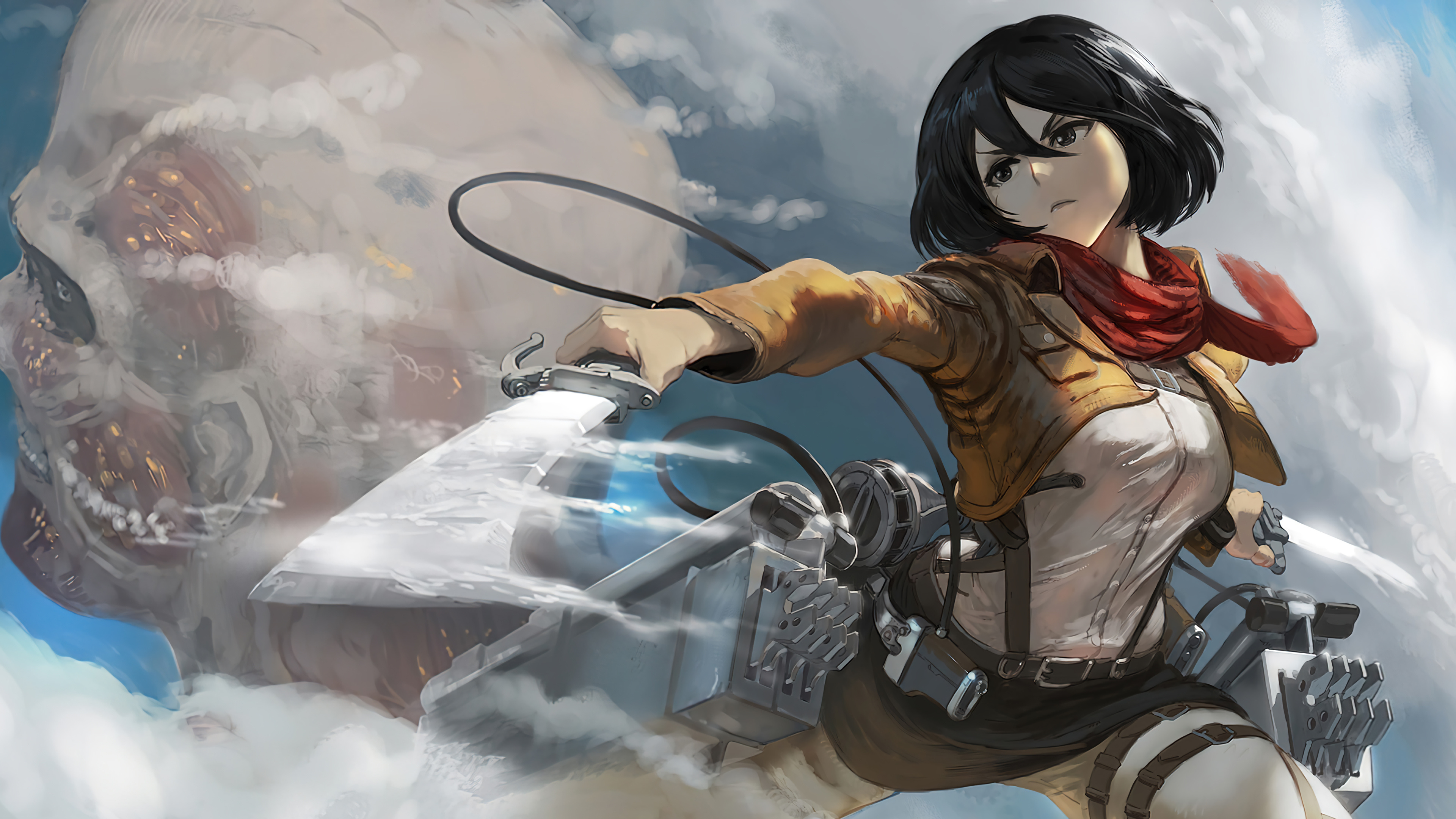Mikasa Ackerman, Colossal Titan, Omni-directional mobility gear, 4K Desktop wallpaper