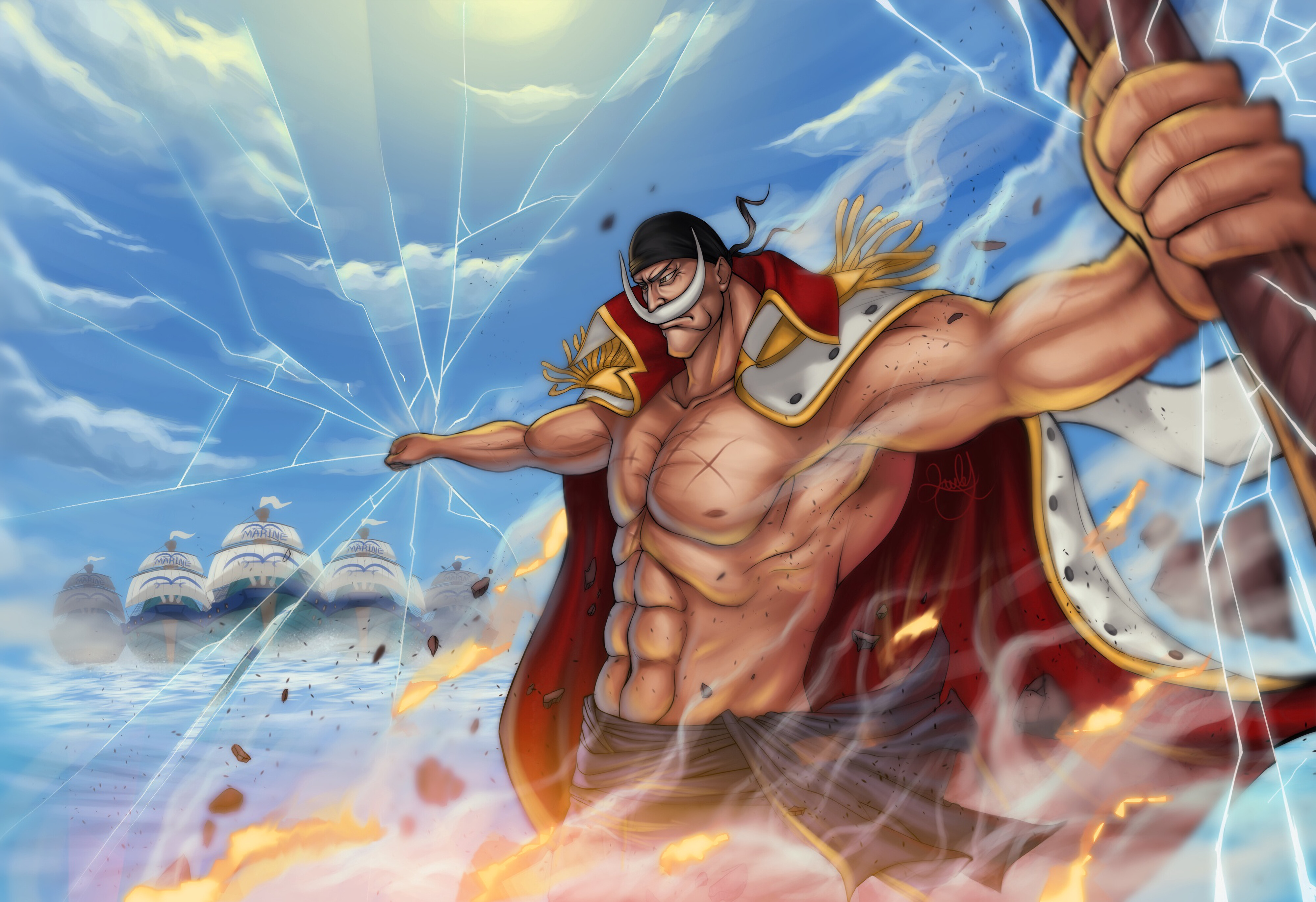 Whitebeard, Murakumogiri, Crescent mustache, Open coat, Warships under bright sky, 4K Desktop wallpaper