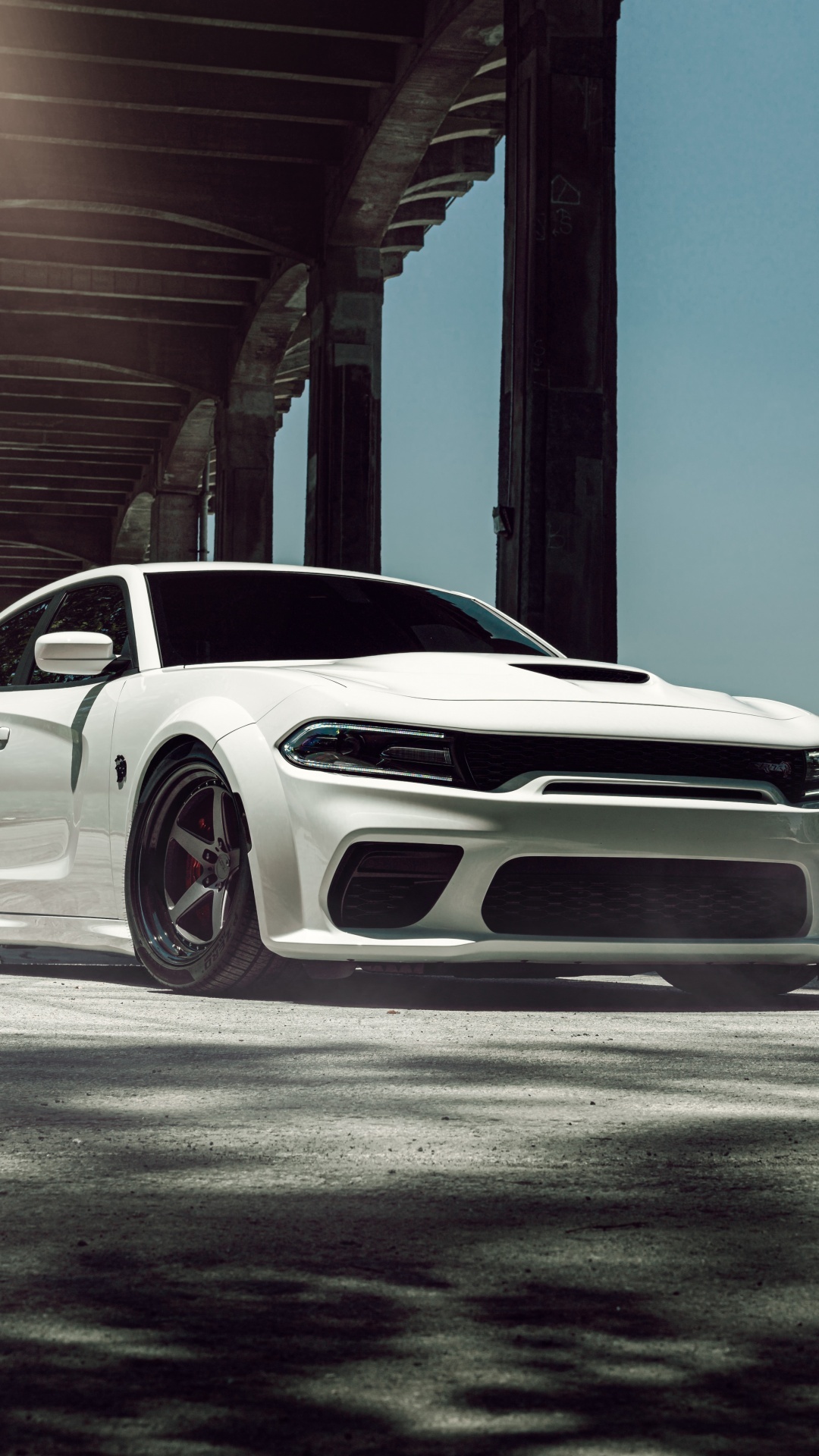 Dodge Charger SRT Hellcat Widebody, concrete bridge underpass, five-spoke custom wheels, Full HD Phone wallpaper