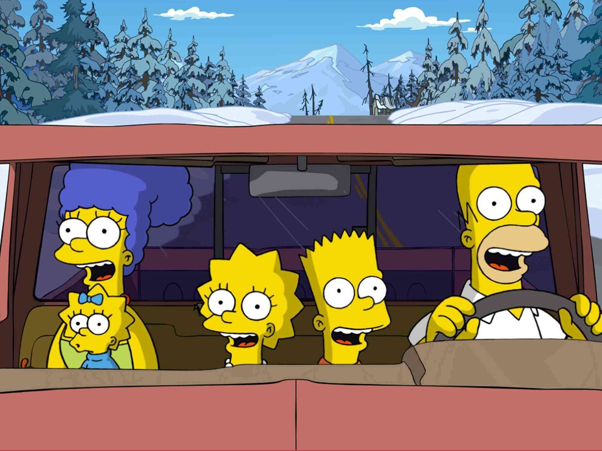 Bart Simpson, Homer Simpson, Marge Simpson, Lisa Simpson, Snowy mountain road, HD Desktop wallpaper