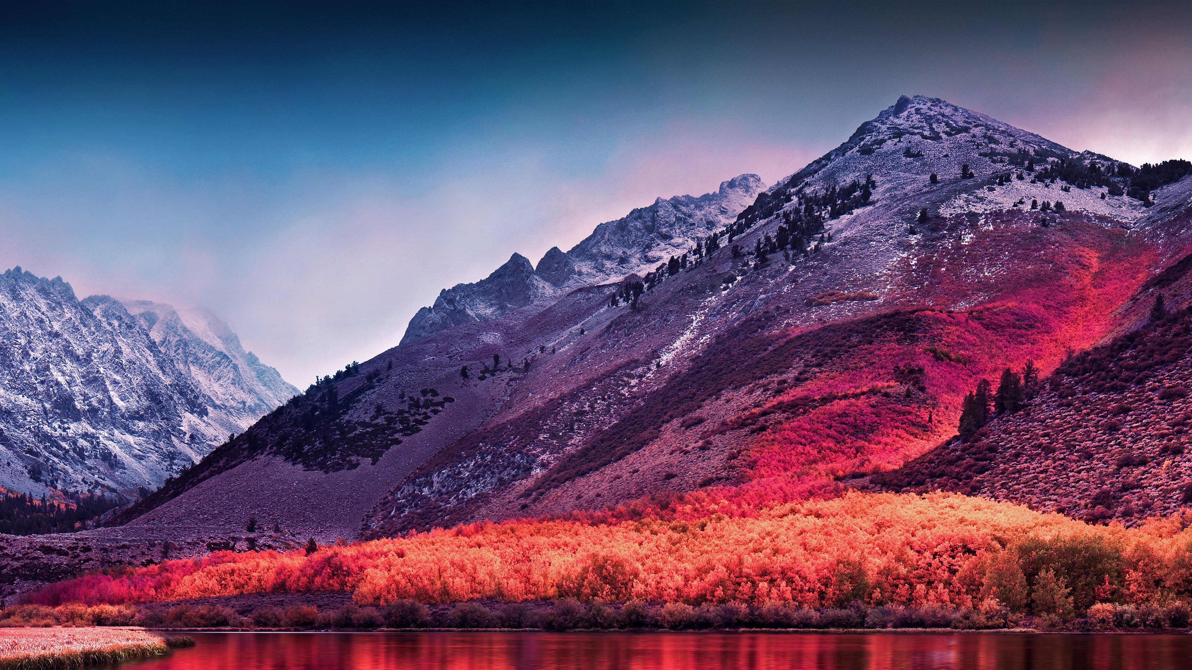 Sierra Nevada mountains, red autumn foliage, reflective alpine lake, 4K Desktop wallpaper
