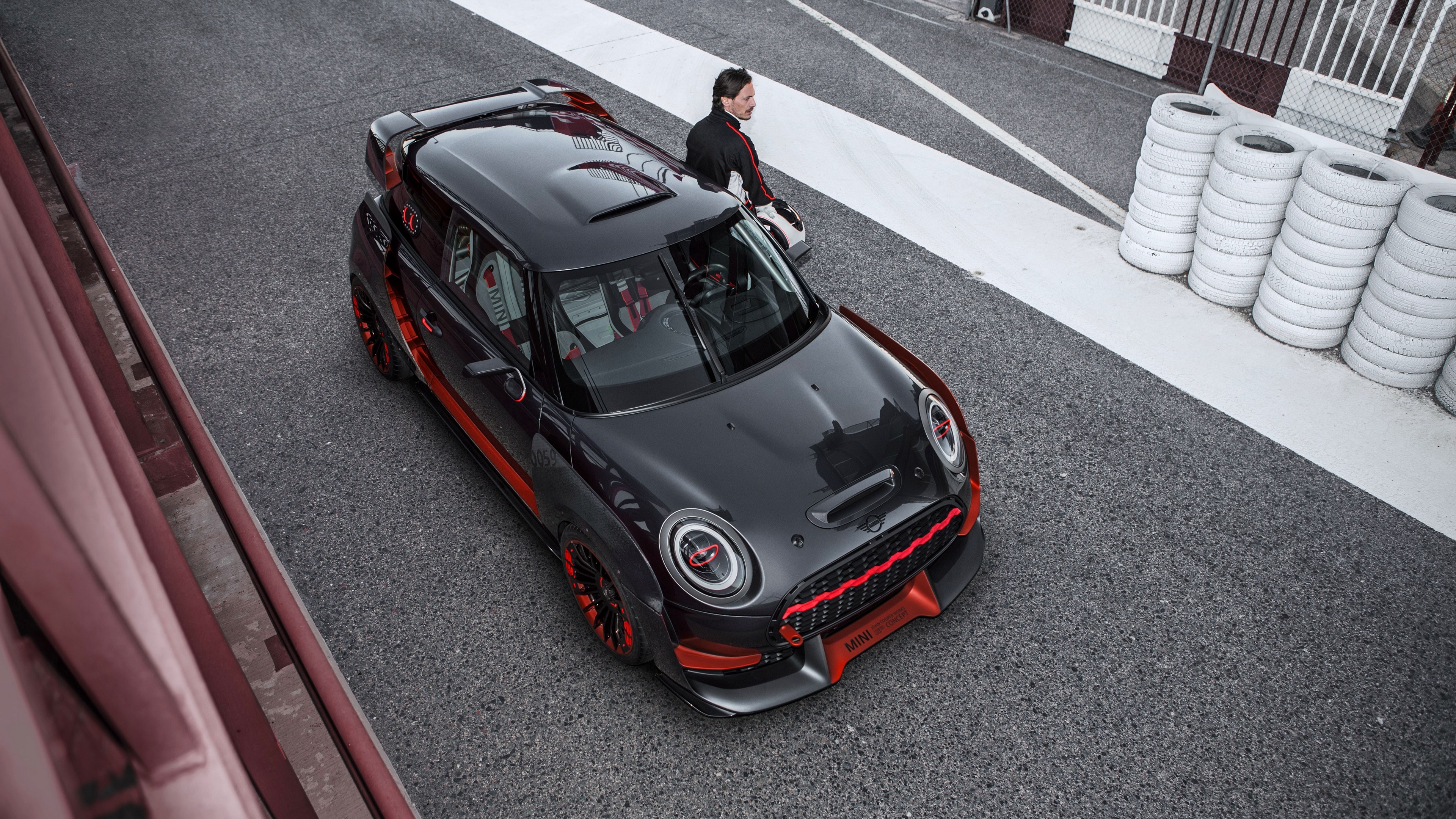 MINI John Cooper Works GP Concept, race car driver, racetrack pit lane, 4K Desktop wallpaper