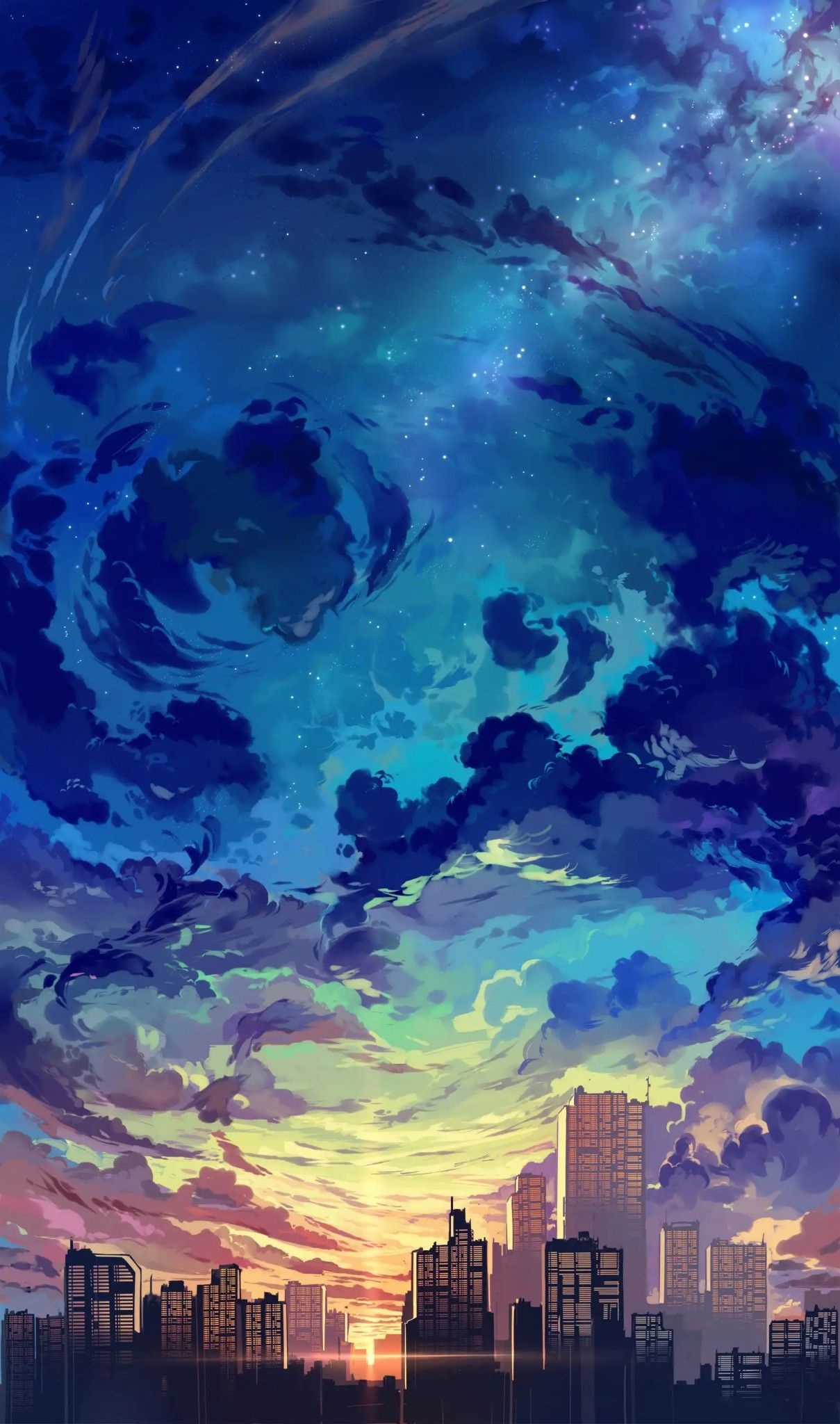 anime city skyline, starry twilight sky, swirling sunset clouds, HD Phone wallpaper